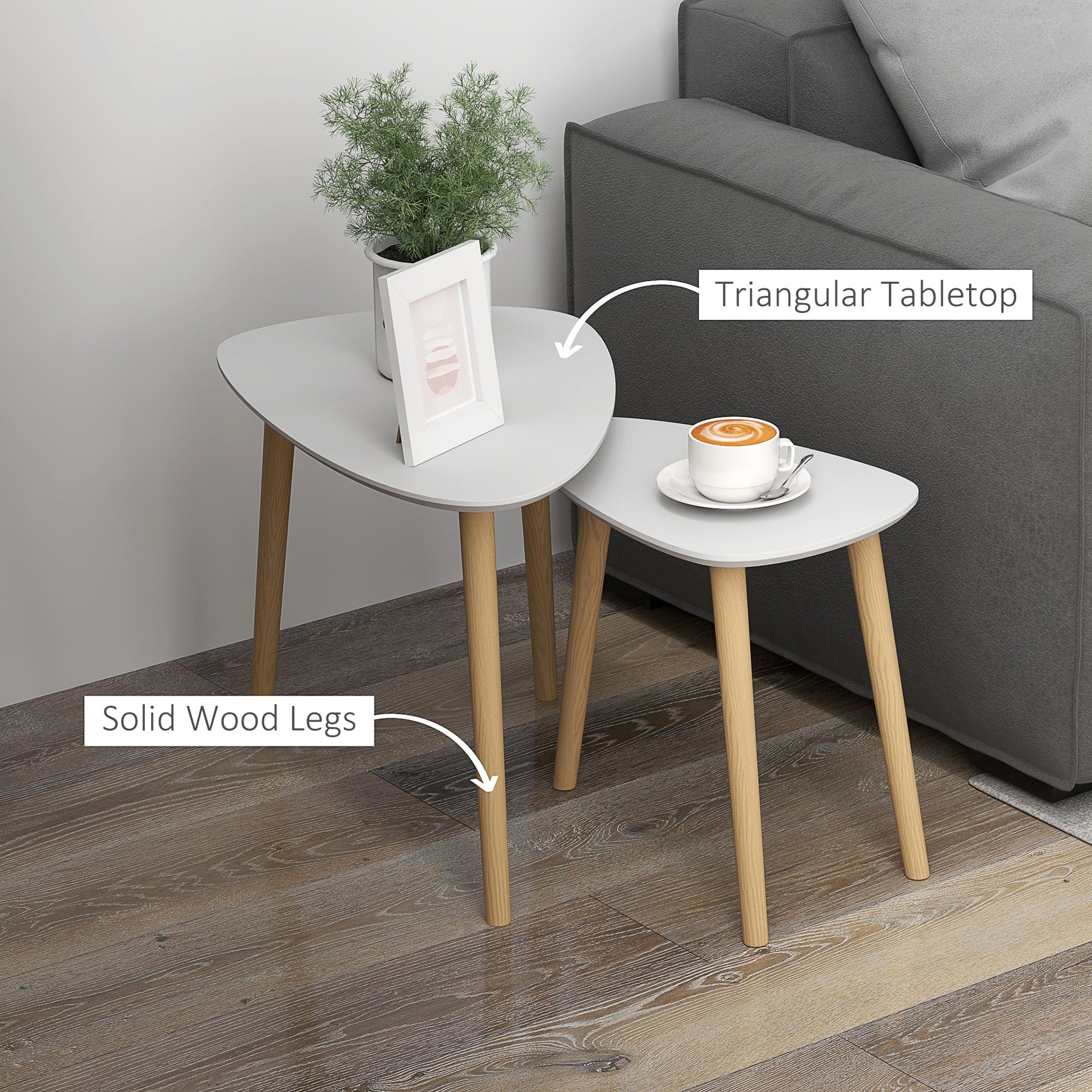 Nesting Coffee Table, Set of 2 Side Tables, Stacking End Tables with Solid Wood Legs, for Living Room Bedroom, Light Grey