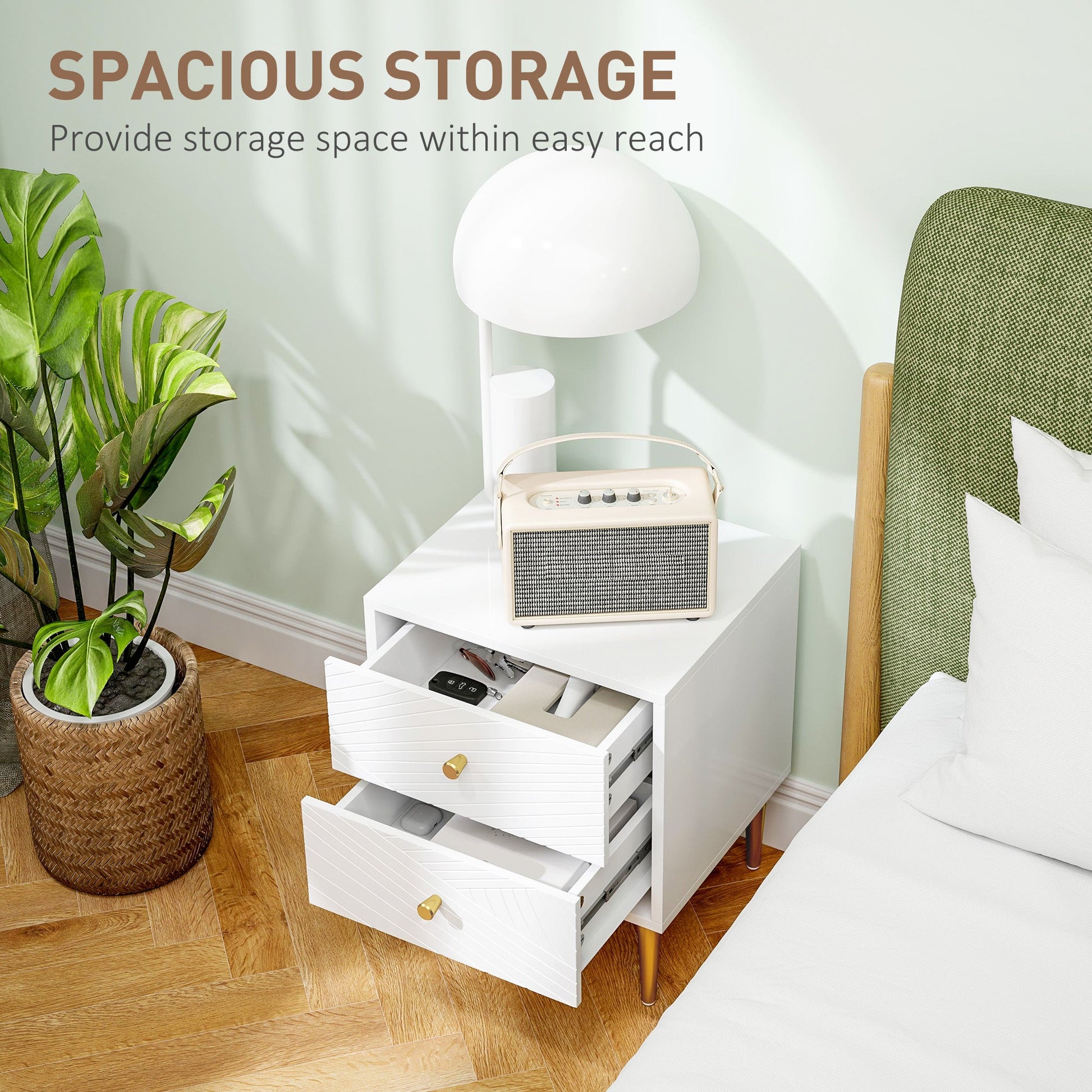 Elegant Two-Drawer Bedside Table - White/Gold-Tone