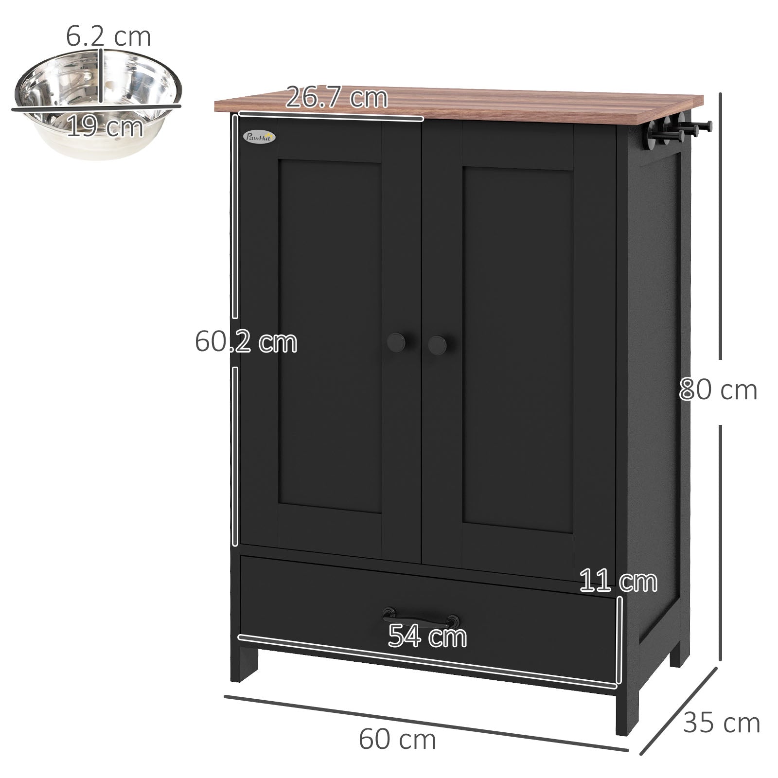 Pet Feeding Station with Raised Dog Bowls, Adjustable Panel, Hooks, Black
