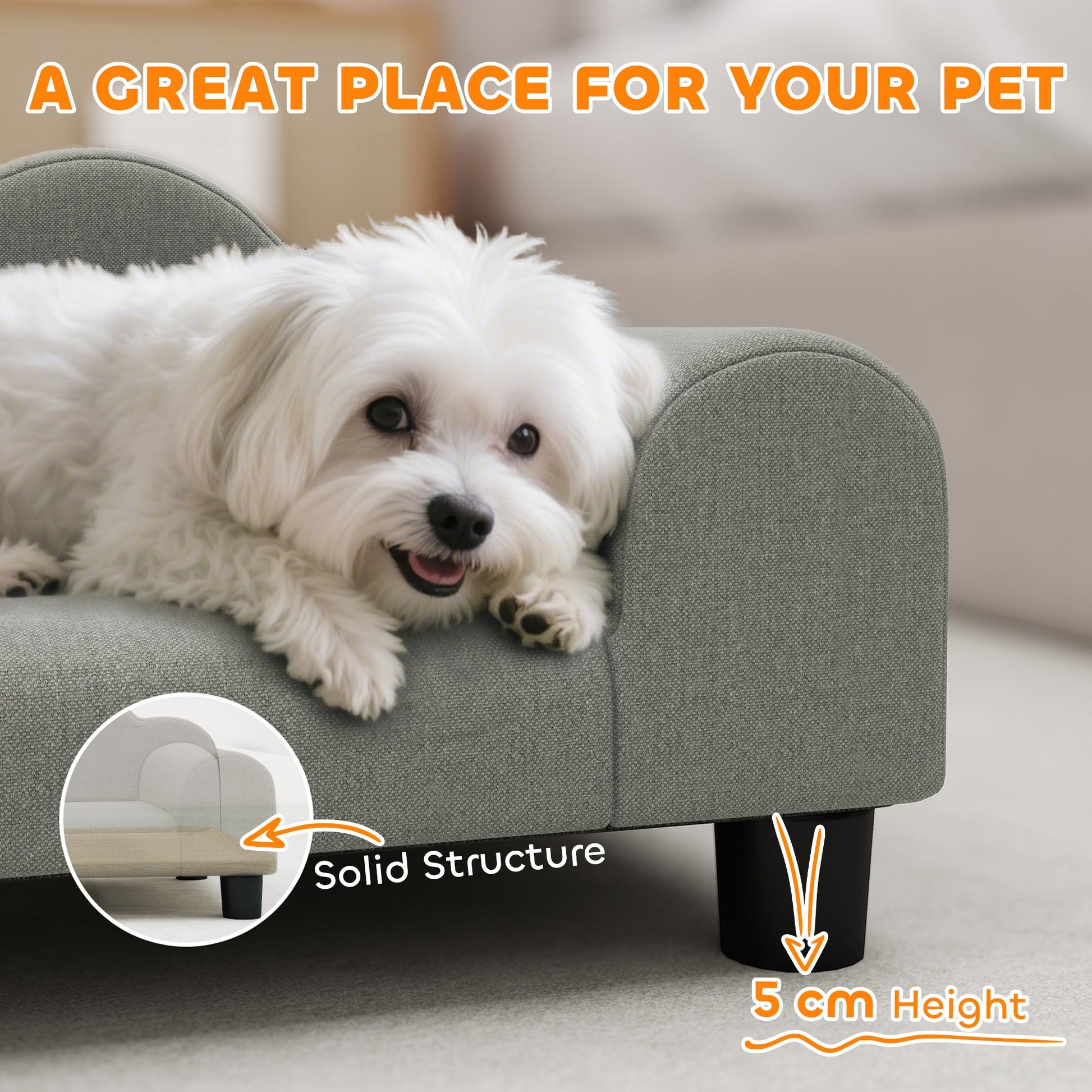 Elevated Dog Sofa Bed, Breathable Pet Sofa with Backrest and Armrest for Small Dogs, Grey