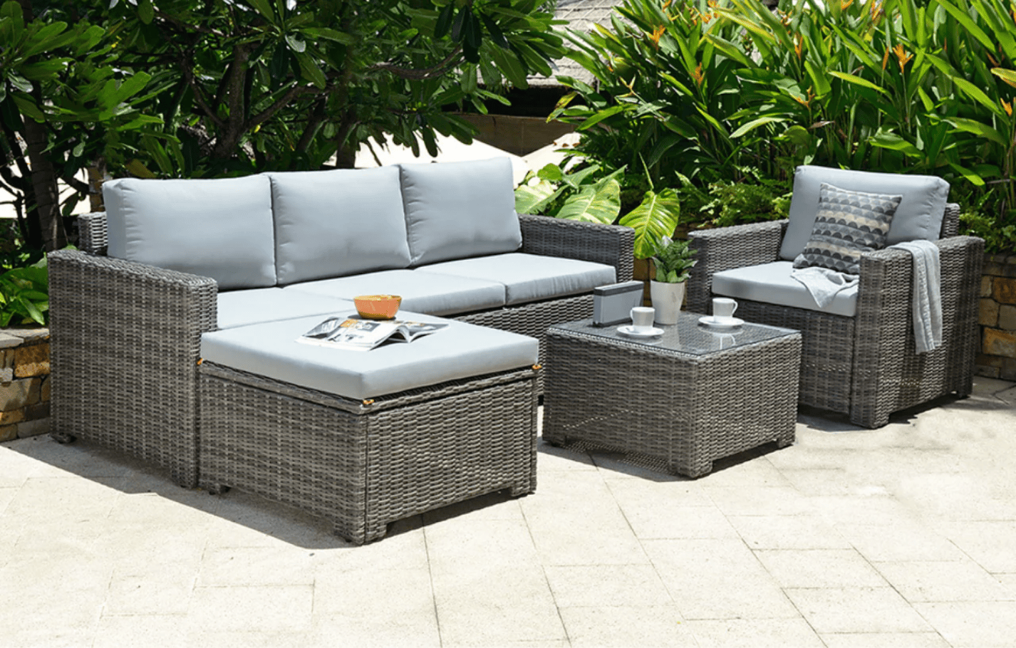 Marbella Grey 5-Seater Garden Sofa Set with Ottoman and Cover Bundle