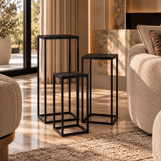 Nest of 3 Black Side Tables with Metal Base and Black Tops | Mandoli