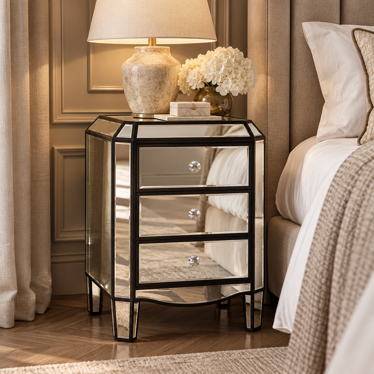Mirrored 3 Drawer Chest with Crystal Handles