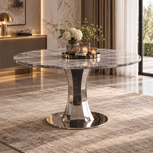 Knightsbridge Stainless Steel Base Silver Round Stone Top Dining Table 120cm