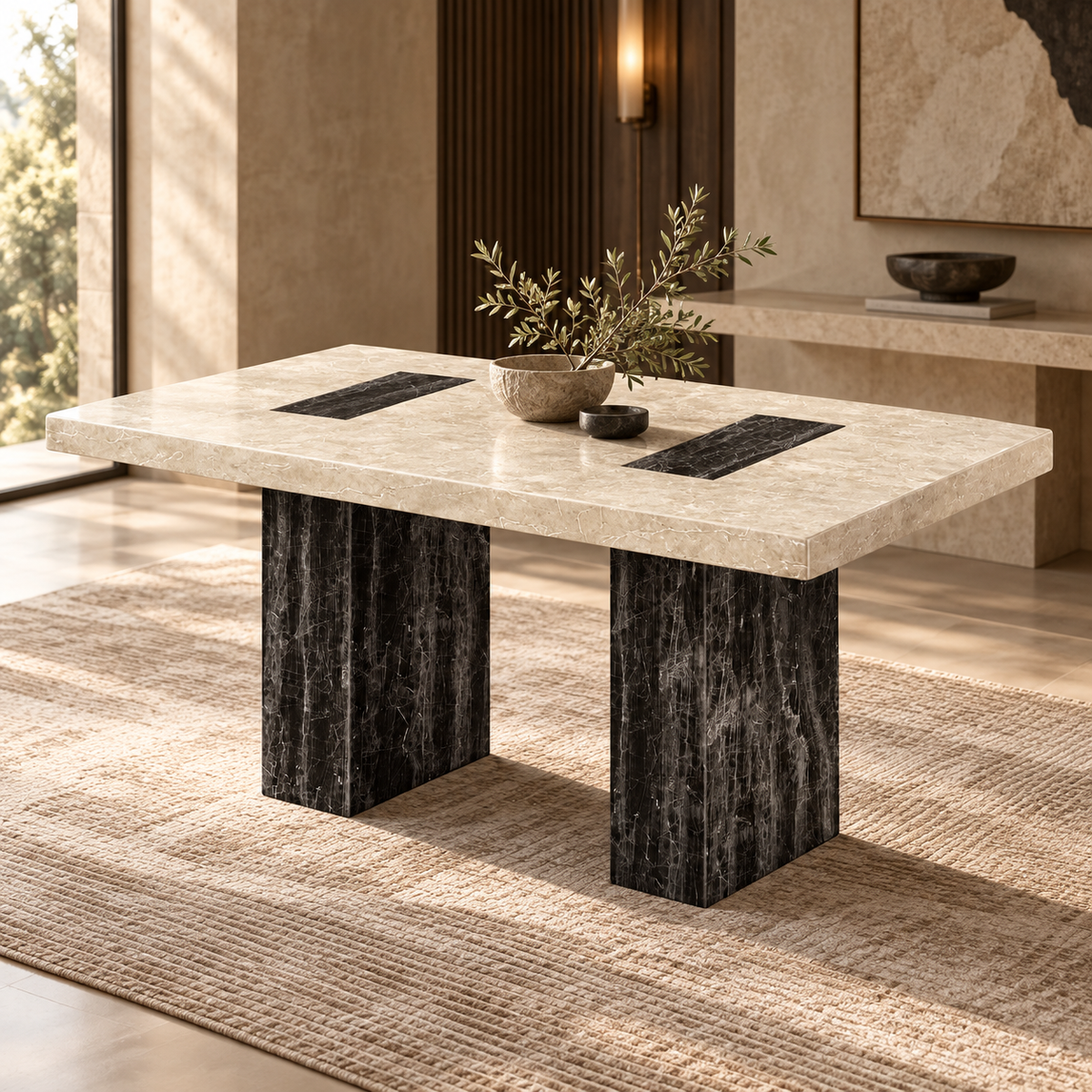 Valencia - Black & Cream Natural Stone Marble Dining Table 180cm