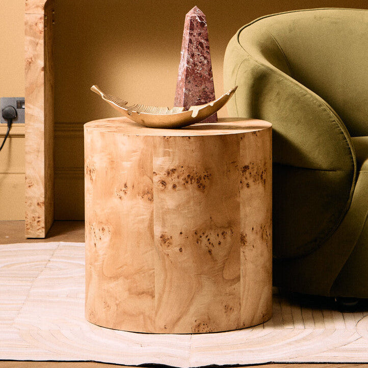 Natural Burl Wood Round Side Table with Drum Shape Design | Mota