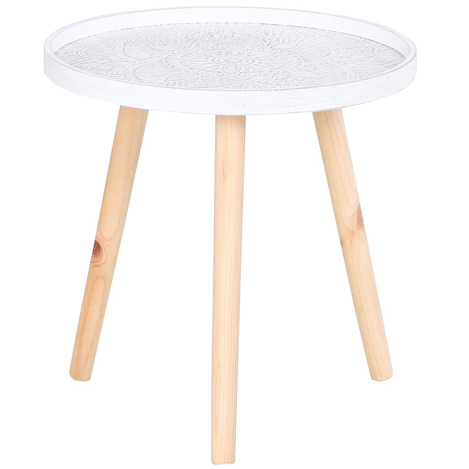 Coffee Table, Carved Floral Round Table with Tray-style Top and Wood Legs, Modern Side Table for Living Room, White