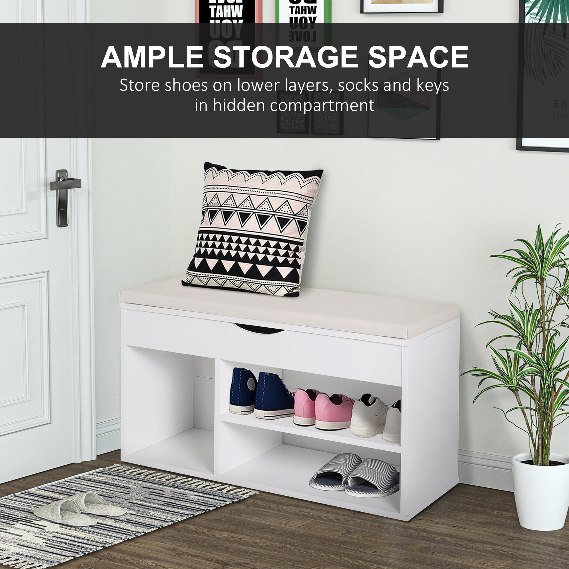 Wooden Shoes Cabinet Bench Hidden Storage Padded Seat Organiser Footwear Rack Hallway White 80 x 30 x 47 cm
