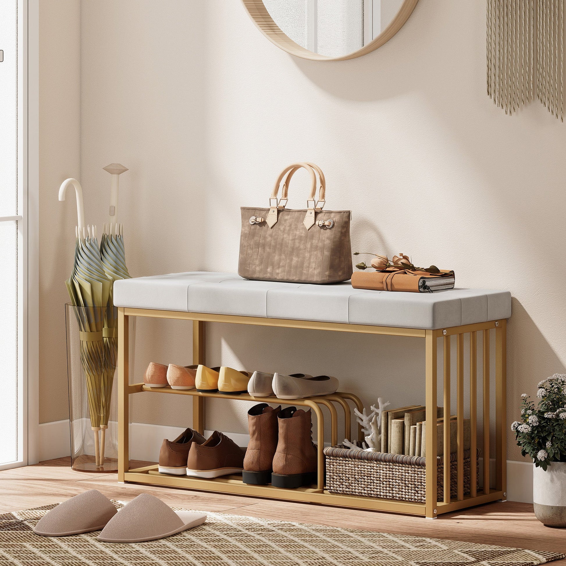 Bench and Shoe Storage, Tufted Shoe Storage Bench with Velvet Seat Cushion Gold Steel Frame for Entryway, Grey