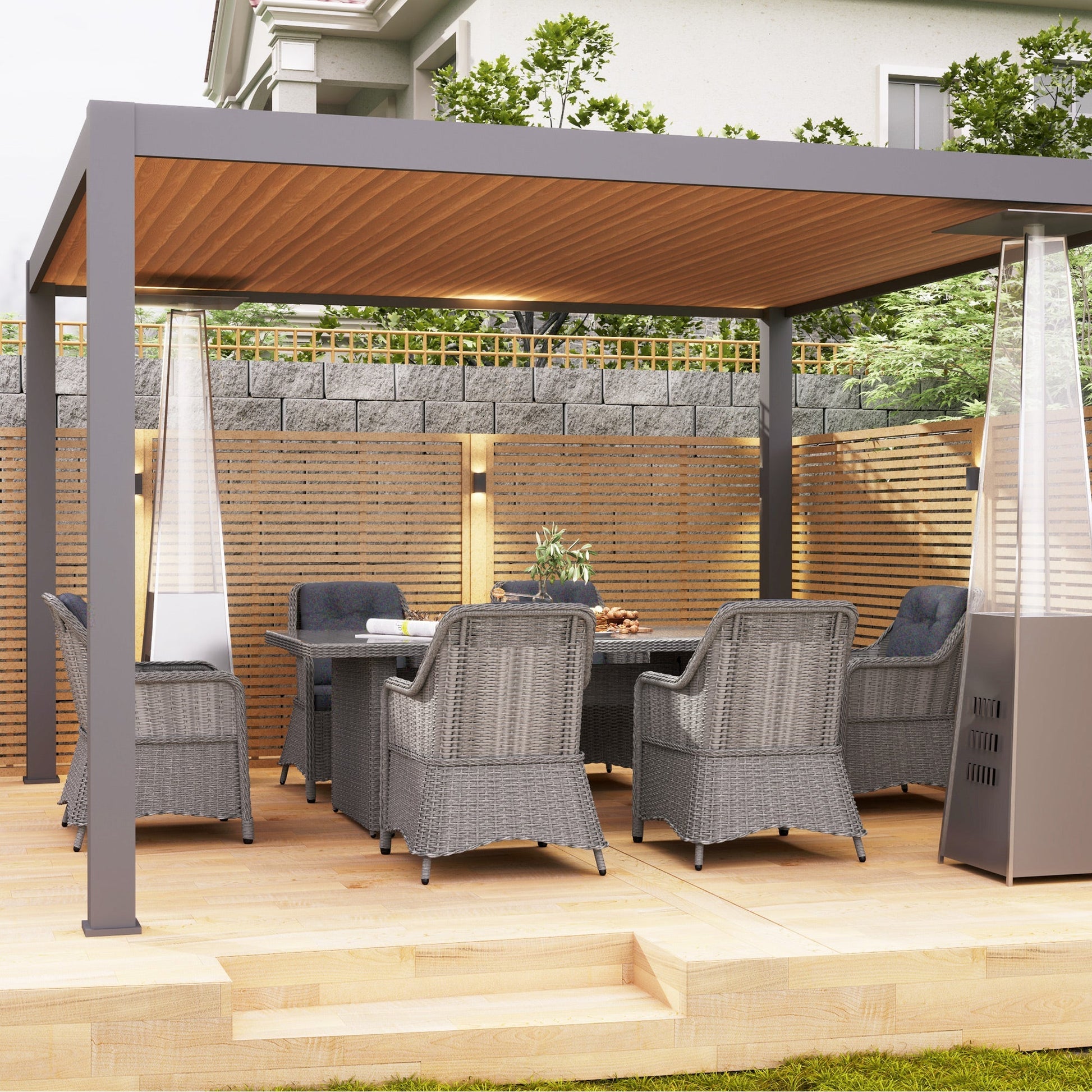 6 Seater Rattan Dining Set, Round PE Rattan Garden Furniture Set with Seat and Back Cushions, Aluminium Outdoor Dining Table and Chairs with 6 Armchairs, Rectangular Glass Top Table, Grey