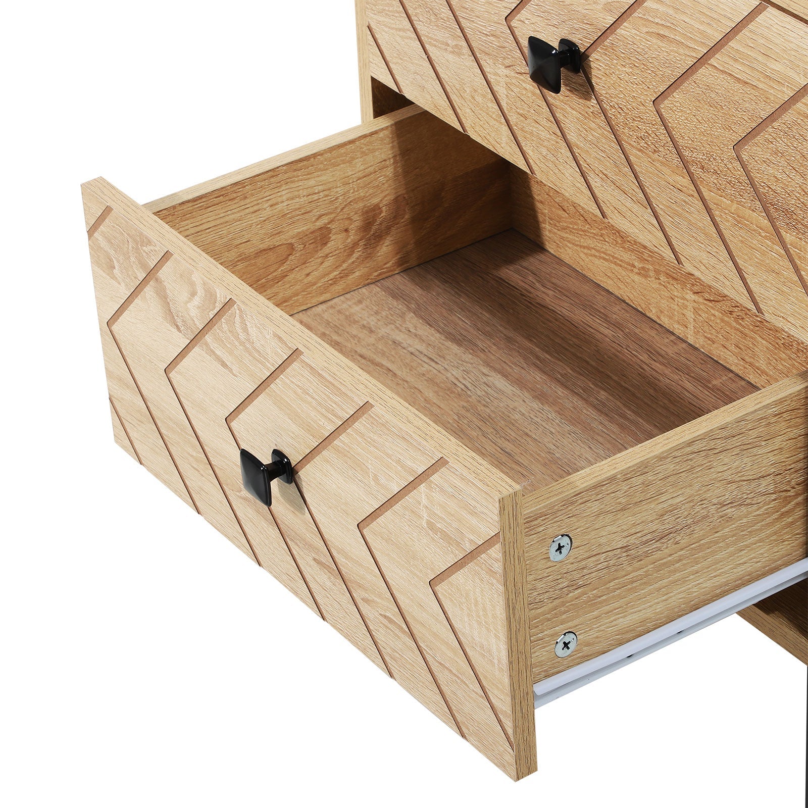 Bedside Table Nightstand Two-Drawer Bedroom Storage Unit Zig Zag Design with Black Metal Handles, Natural