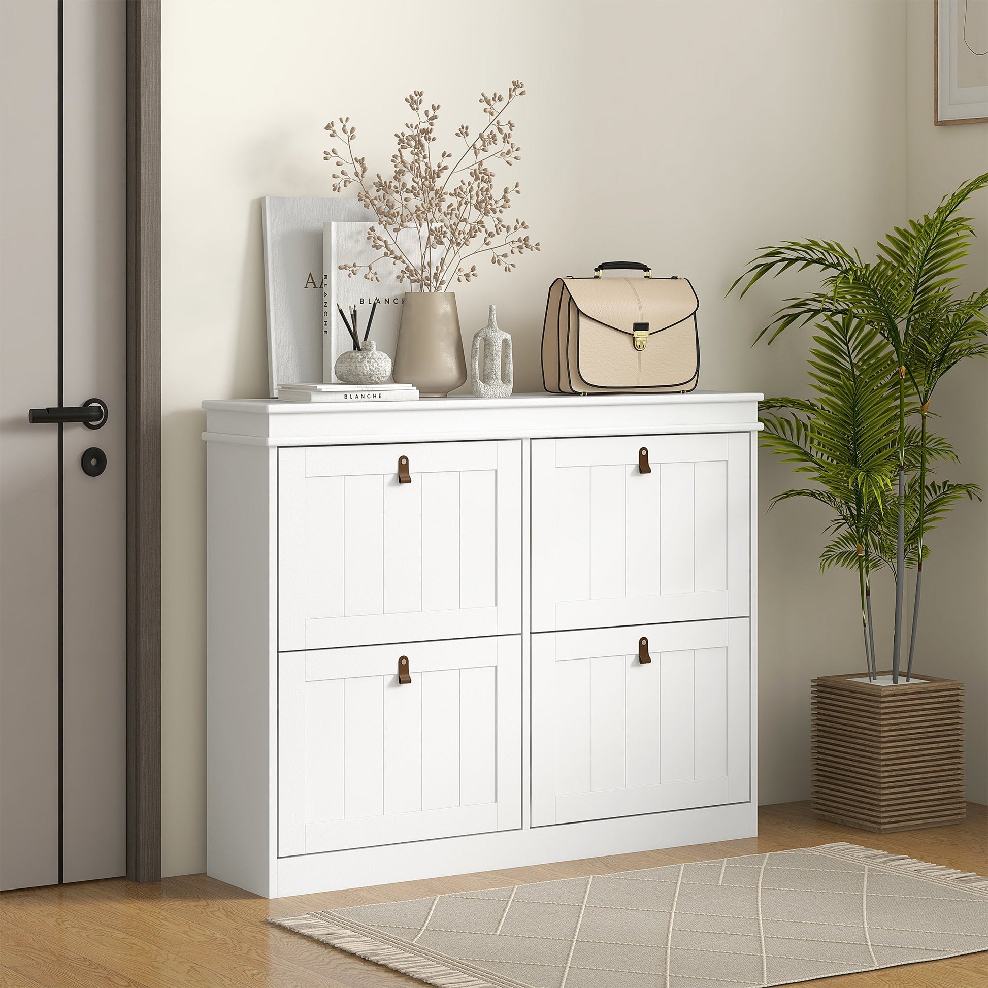 Slim Shoe Cabinet, Shoe Cabinet with 4 Drop-Down Drawers, 105W x 24D x 82.5H cm,  White