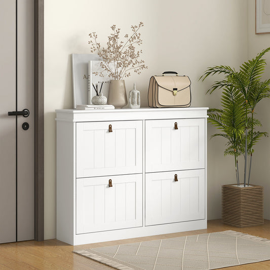 Slim Shoe Cabinet, Shoe Cabinet with 4 Drop-Down Drawers, 105W x 24D x 82.5H cm,  White