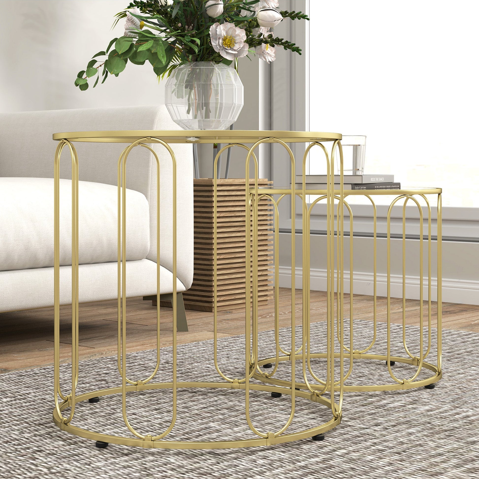 Round Coffee Table Set of 2, Glass Nest of Tables with Metal Frame and Tempered Glass Tabletop, Modern Side Tables for Living Room, Gold Tone
