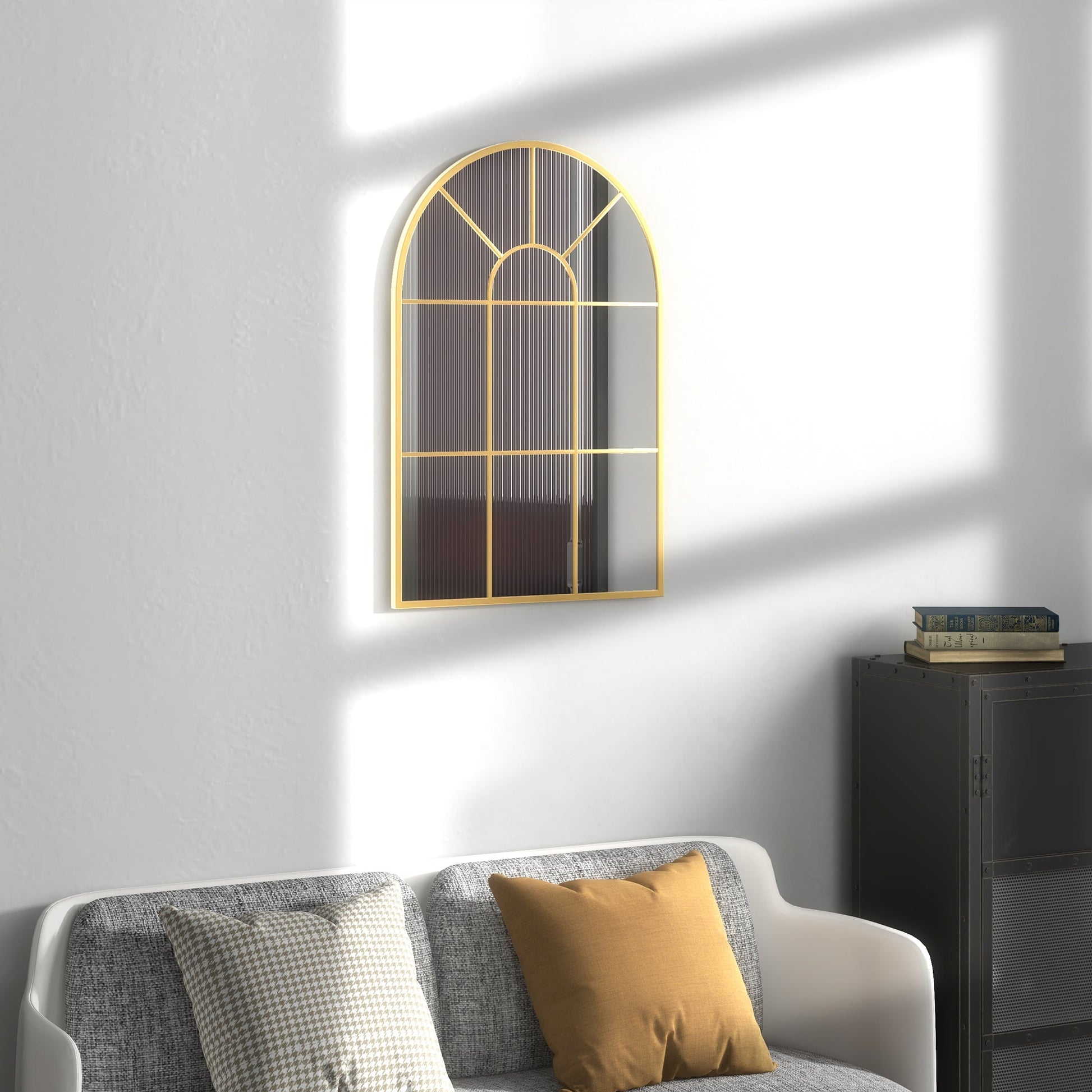 Modern Arched Wall Mirror, 91 x 60 cm Window Mirrors for Living Room, Bedroom, Gold Tone