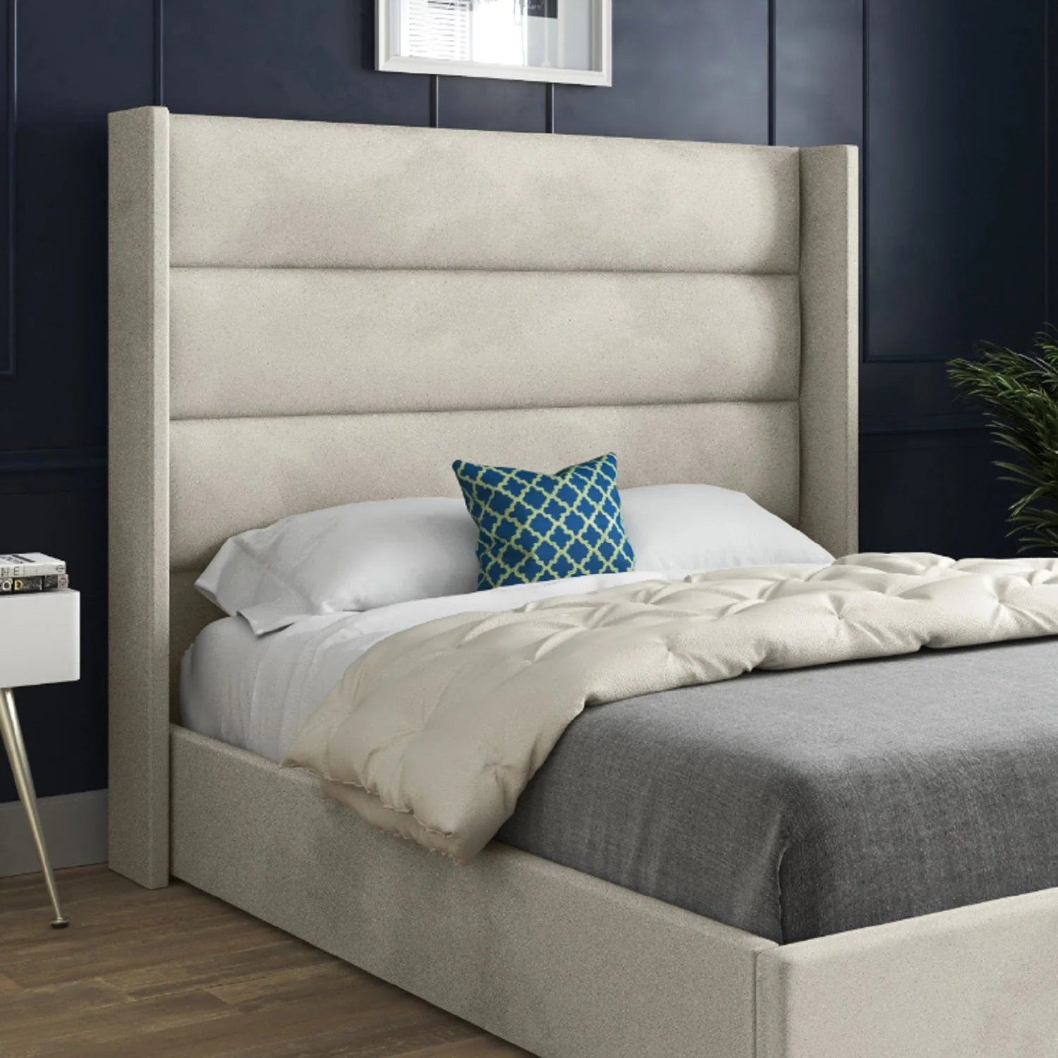 Louis Straight Winged Upholstered Soft Velvet Bed Frame