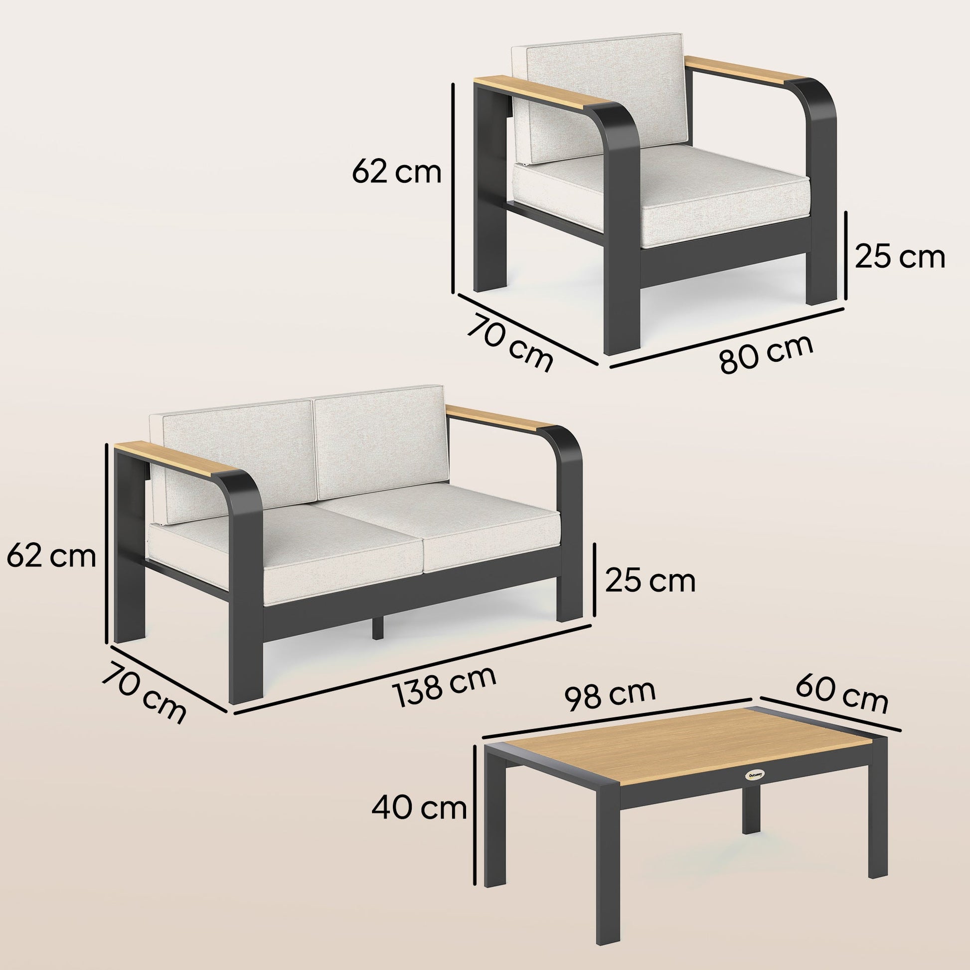 4 Seater Aluminium Garden Furniture Set, Olefin Cushions, Garden Sofa Set with Loveseat, Armchairs, Table, Beige
