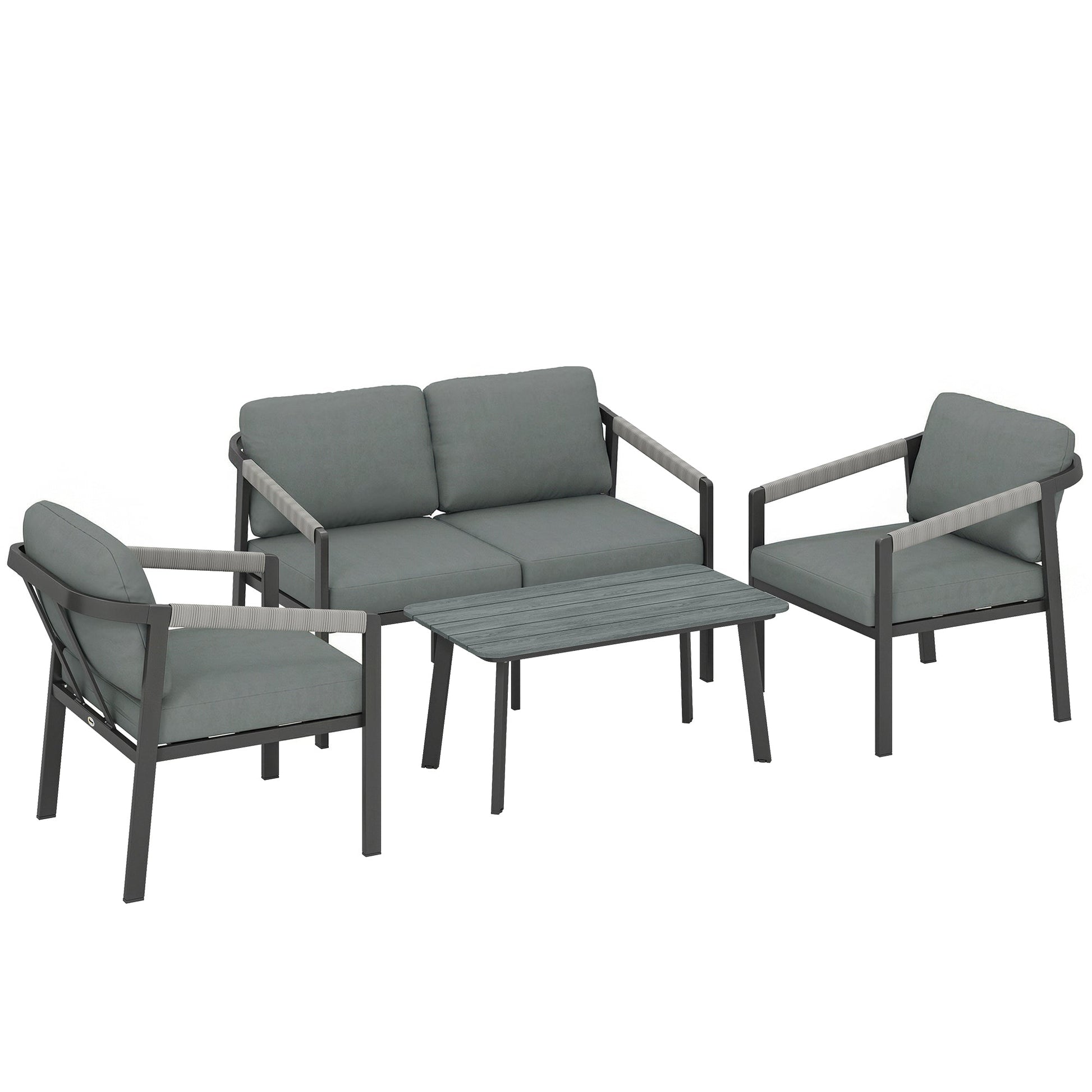 Aluminium Garden Furniture Set, 4 Seater Outdoor Patio Furniture with Loveseat, 2 Armchairs, Slatted Table