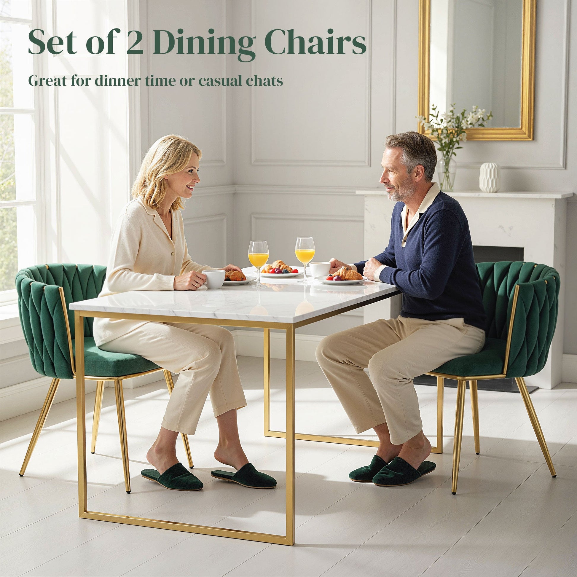 Velvet-Feel Dining Chairs Set of 2, Modern Upholstered Armchair with Knot Design and Golden Metal Legs, Accent Chair for Dining Room, Bedroom, Kitchen, Living Room, Dark Green
