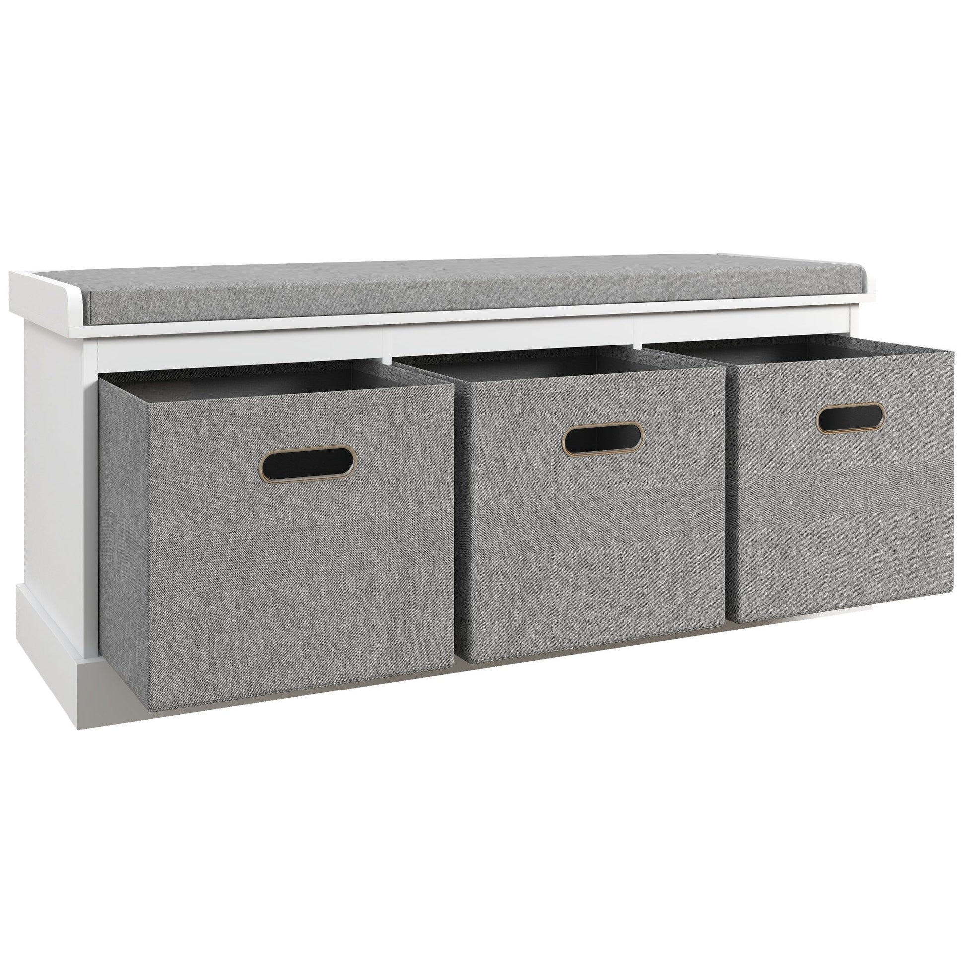 Three-Drawer Shoe Storage Bench, with Padded Top Seat - White