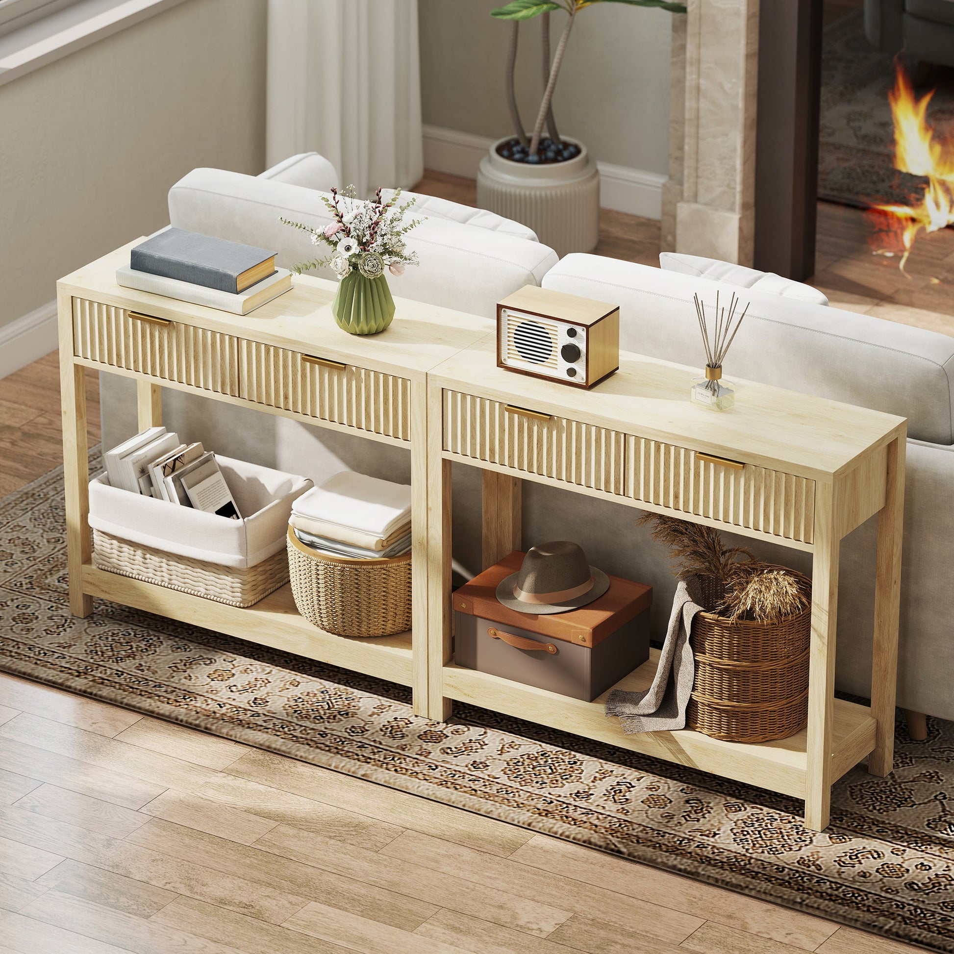 Modern Console Table with Fluted Panel Drawers, Narrow Hallway Table with Shelf for Entryway, Living Room, 90 x 30 x 76 cm, Natural Wood Finish