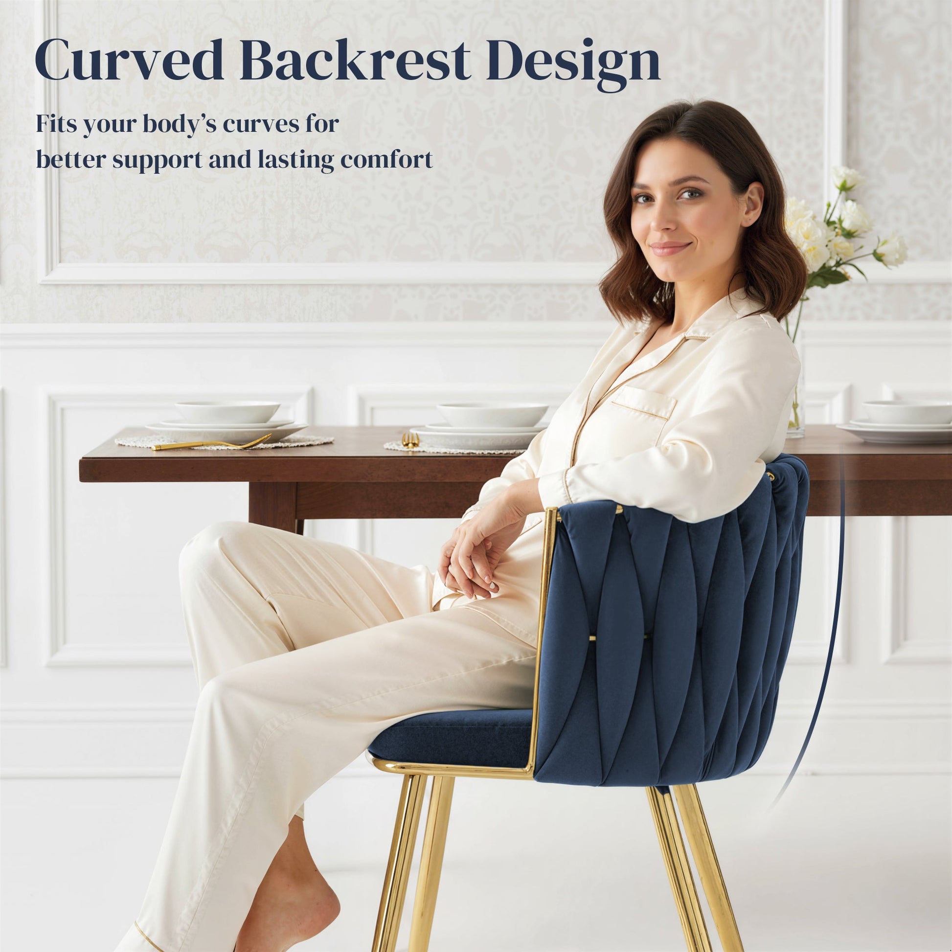 Velvet-Feel Dining Chairs Set of 2, Modern Upholstered Armchair with Knot Design and Golden Metal Legs, Accent Chair for Dining Room, Bedroom, Kitchen, Living Room, Dark Blue