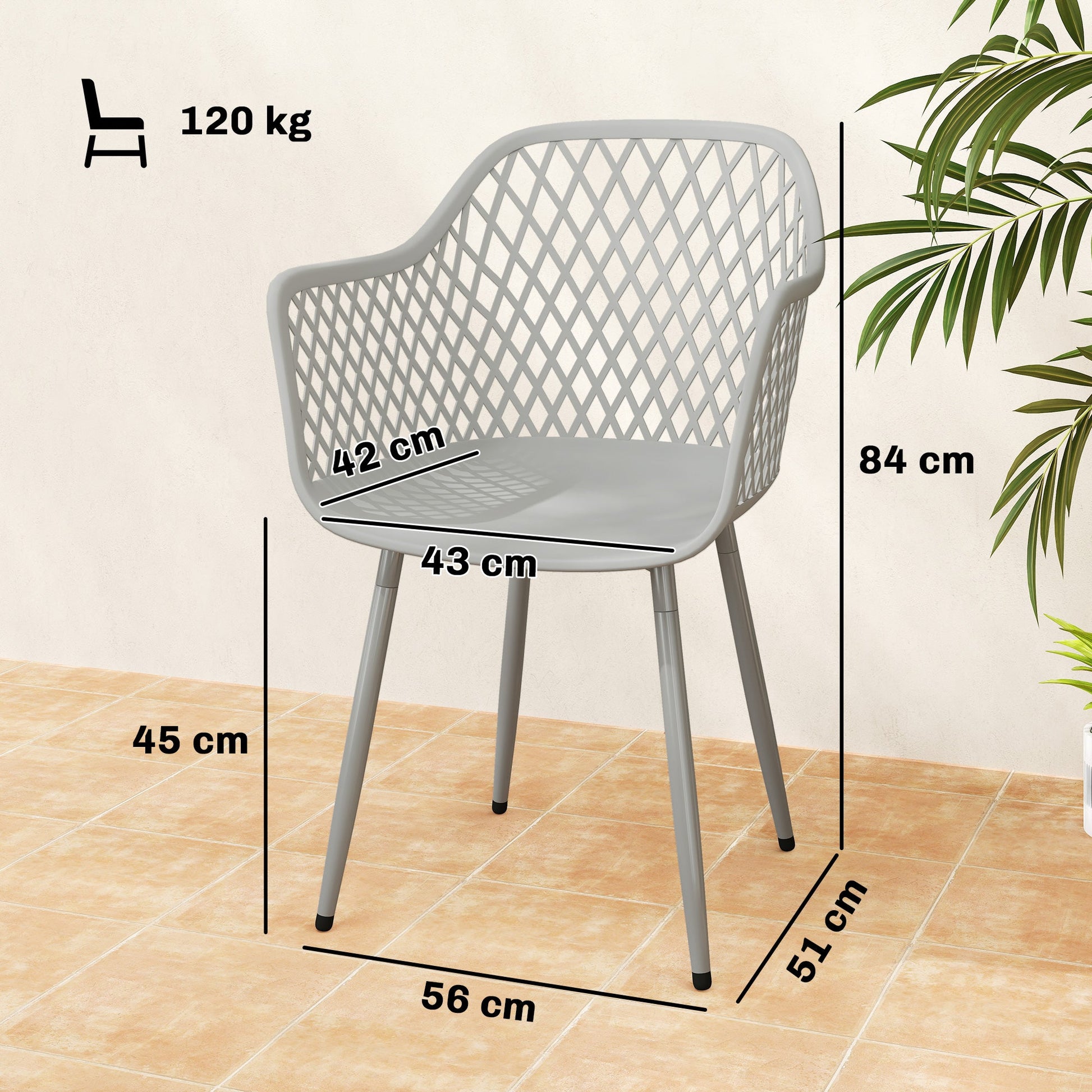 Garden Chairs Set of 4, Garden Dining Chairs with Cut Out Diamond Back and Armrests for Patio, Balcony, Terrace, Grey