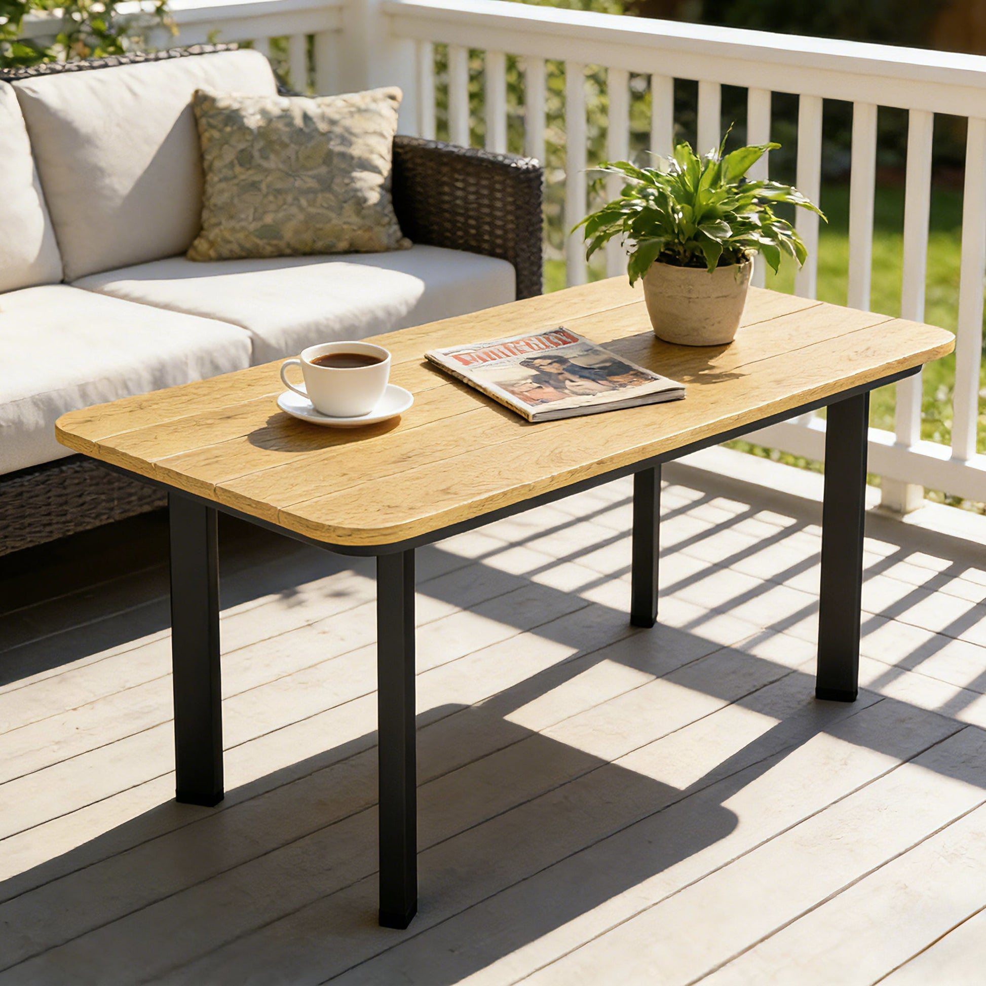 Outdoor Garden Coffee Table, Garden Table with Slatted Wood Plastic Composite Top and Metal Frame, Brown