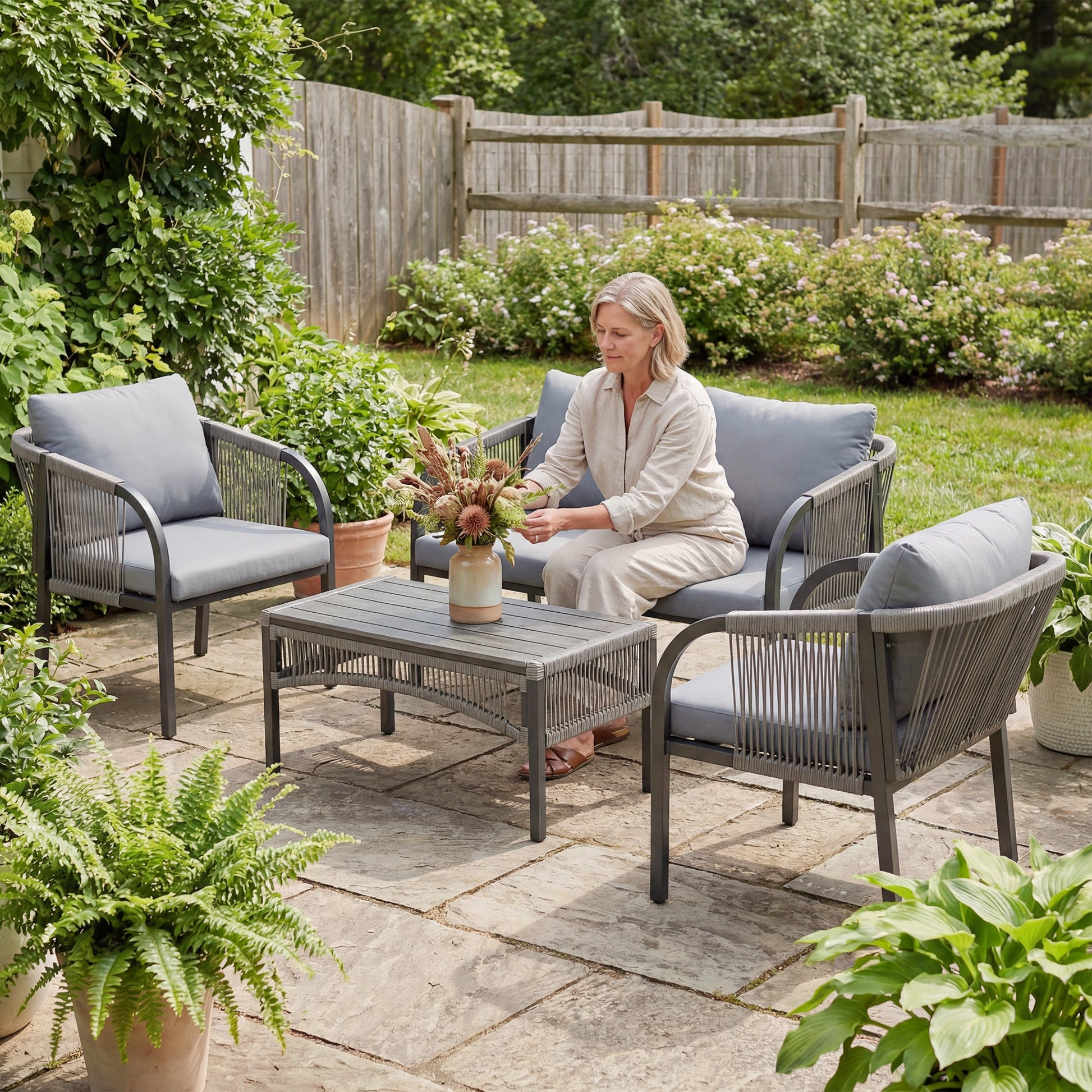 4 Piece Rattan Garden Furniture Set with Loveseat, Armchairs, Table, Steel Frame Wicker Patio Conversation Set, Grey
