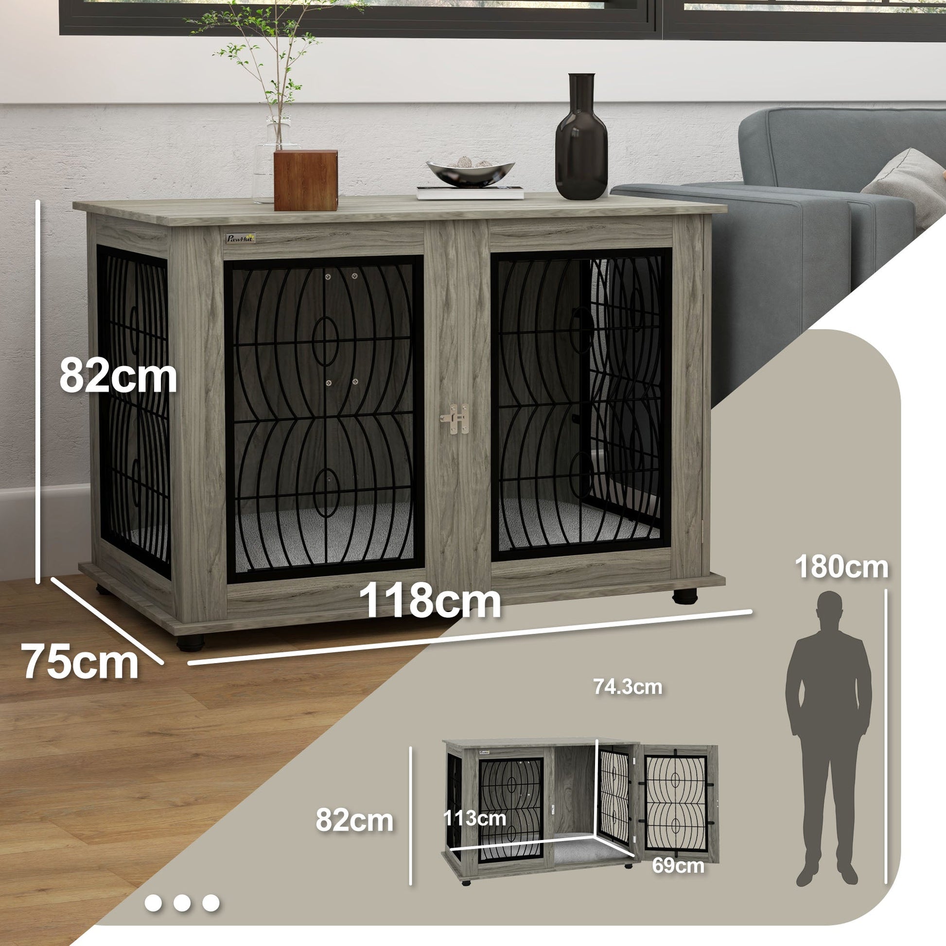 Indoor Dog Crate Furniture End Table with Soft Washable Cushion, Lockable Front Door, for Extra Large Dogs - Grey