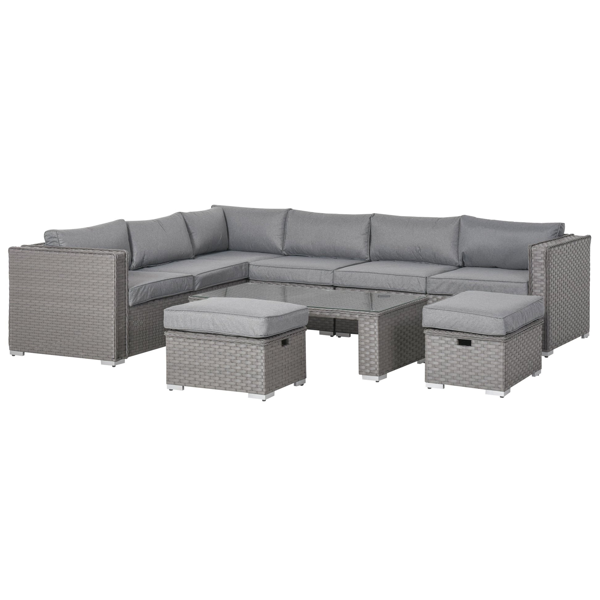 6 Pieces Outdoor PE Rattan Wicker Corner Sofa Set with 10cm Thick Padded Cushions, Aluminium Conservatory Furniture with Glass Top Coffee Table, Footstools, Grey