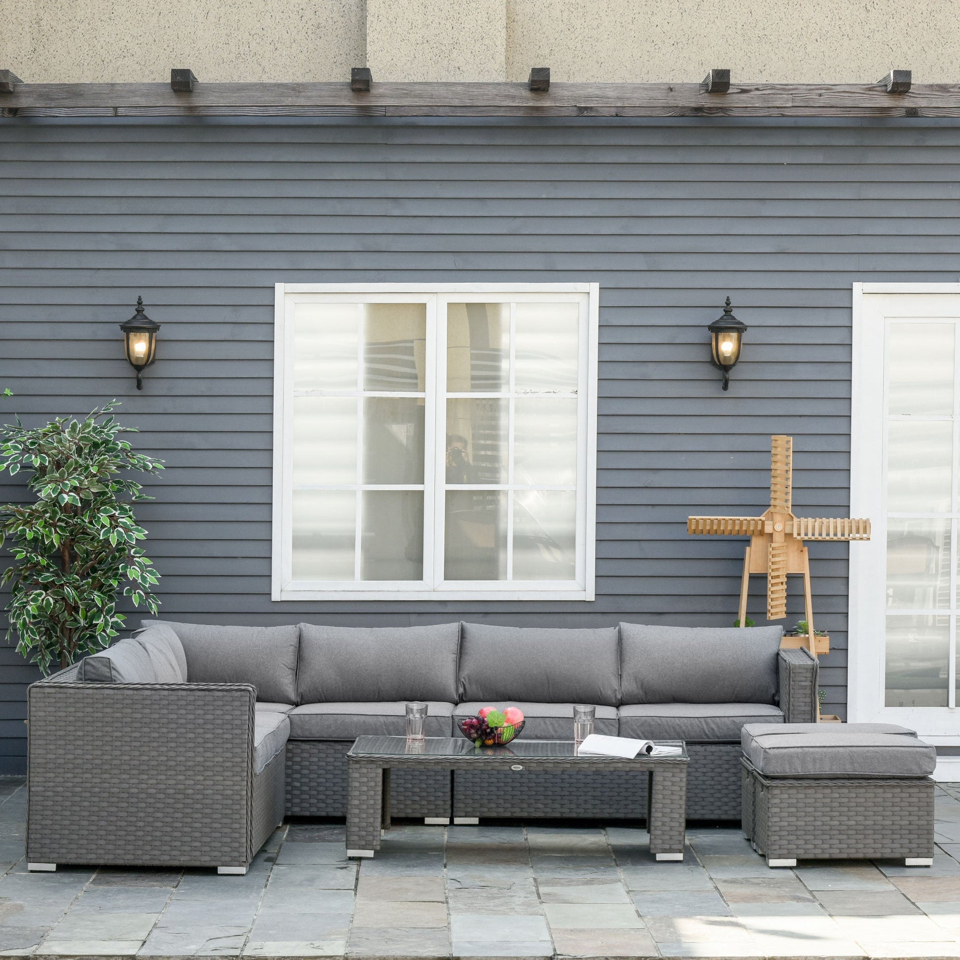 6 Pieces Outdoor PE Rattan Wicker Corner Sofa Set with 10cm Thick Padded Cushions, Aluminium Conservatory Furniture with Glass Top Coffee Table, Footstools, Grey