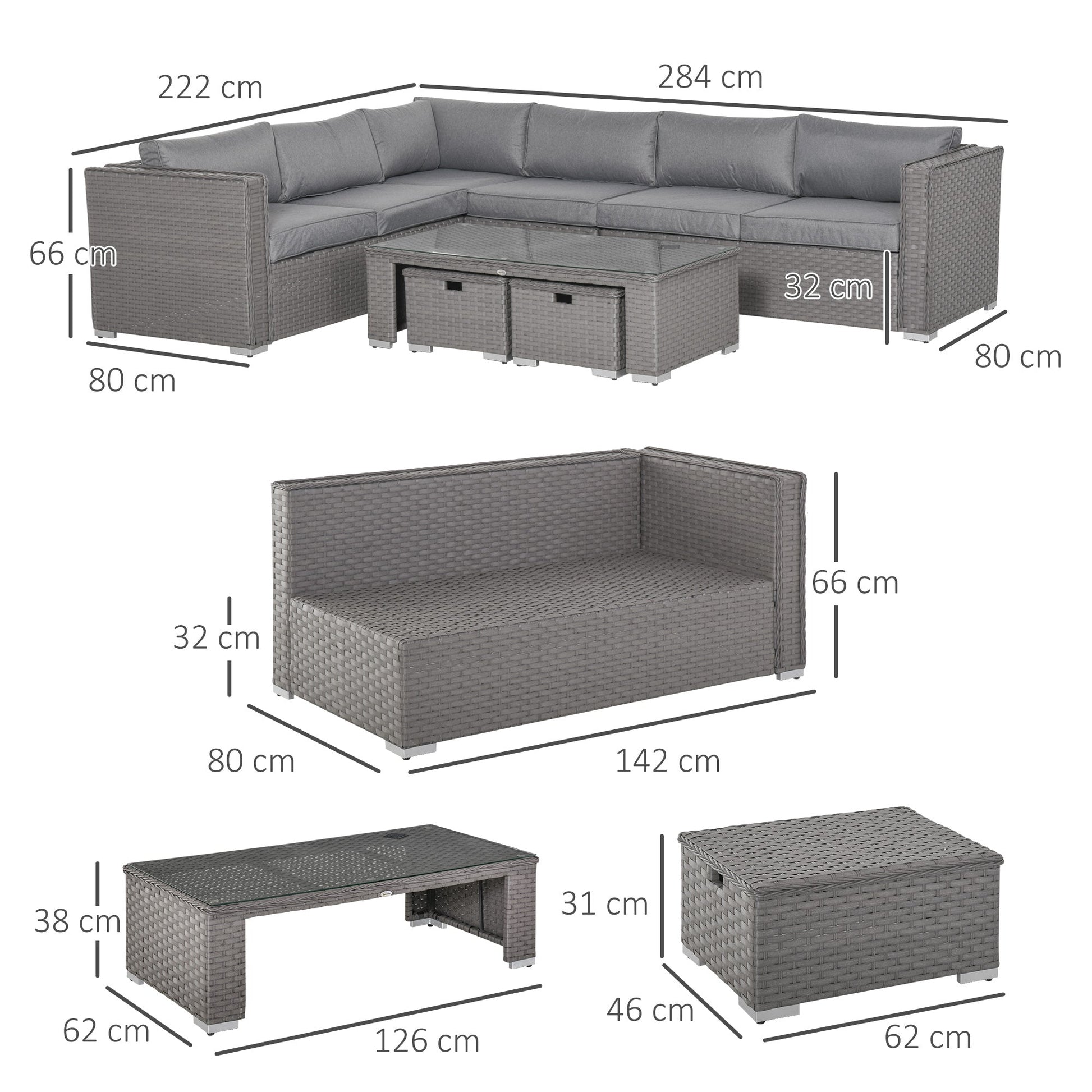 6 Pieces Outdoor PE Rattan Wicker Corner Sofa Set with 10cm Thick Padded Cushions, Aluminium Conservatory Furniture with Glass Top Coffee Table, Footstools, Grey