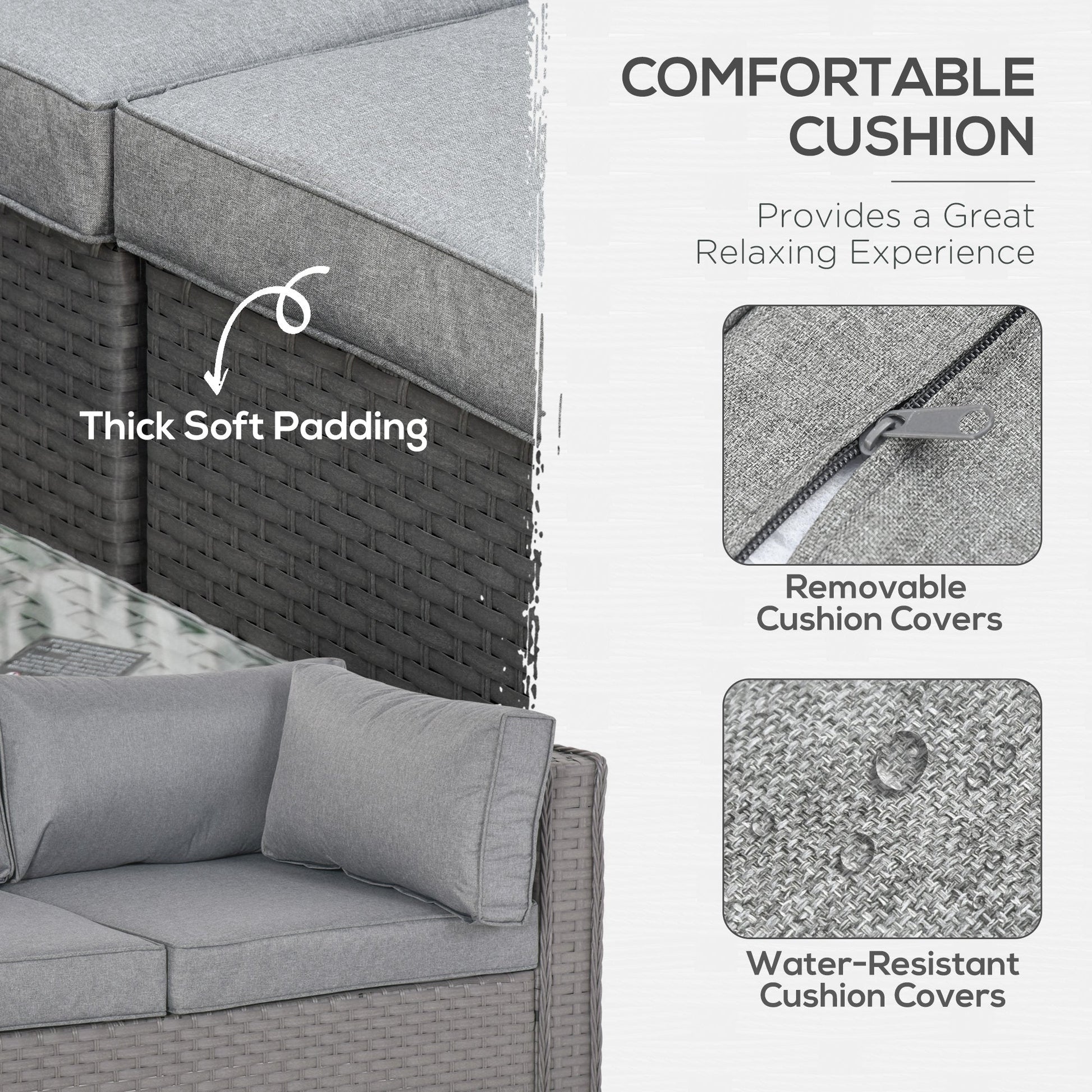 6 Pieces Outdoor PE Rattan Wicker Corner Sofa Set with 10cm Thick Padded Cushions, Aluminium Conservatory Furniture with Glass Top Coffee Table, Footstools, Grey