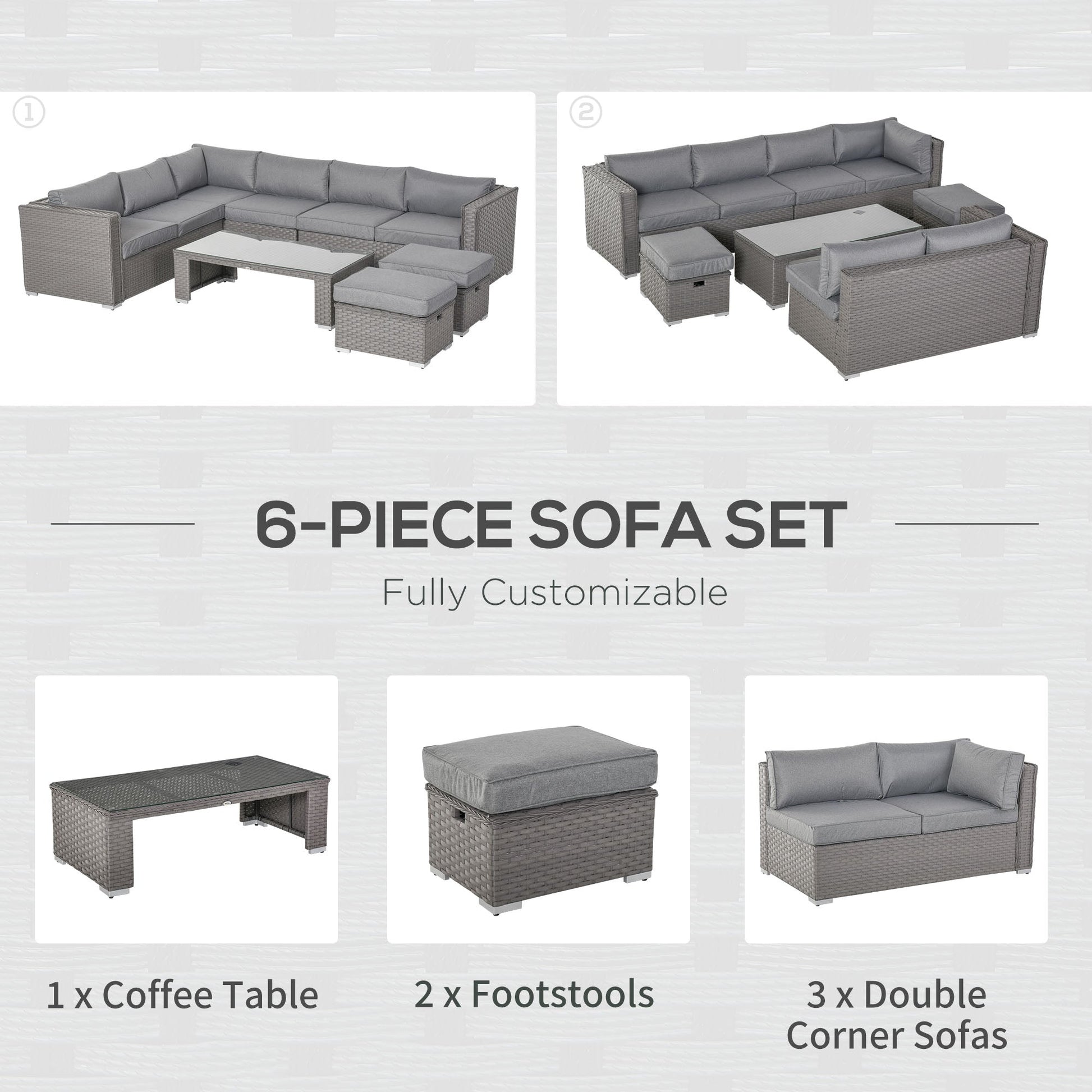 6 Pieces Outdoor PE Rattan Wicker Corner Sofa Set with 10cm Thick Padded Cushions, Aluminium Conservatory Furniture with Glass Top Coffee Table, Footstools, Grey