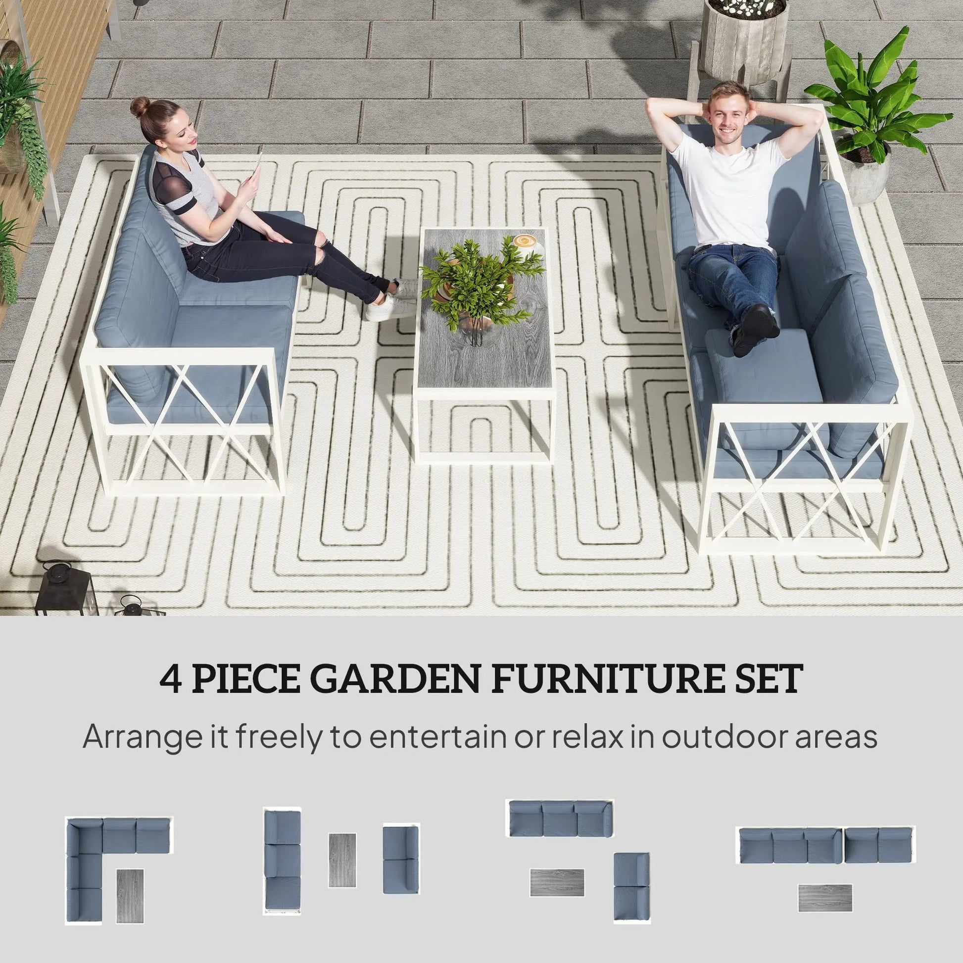 Four-Piece L Shaped Garden Furniture Set with 5-Level Adjustable Lounger - Grey