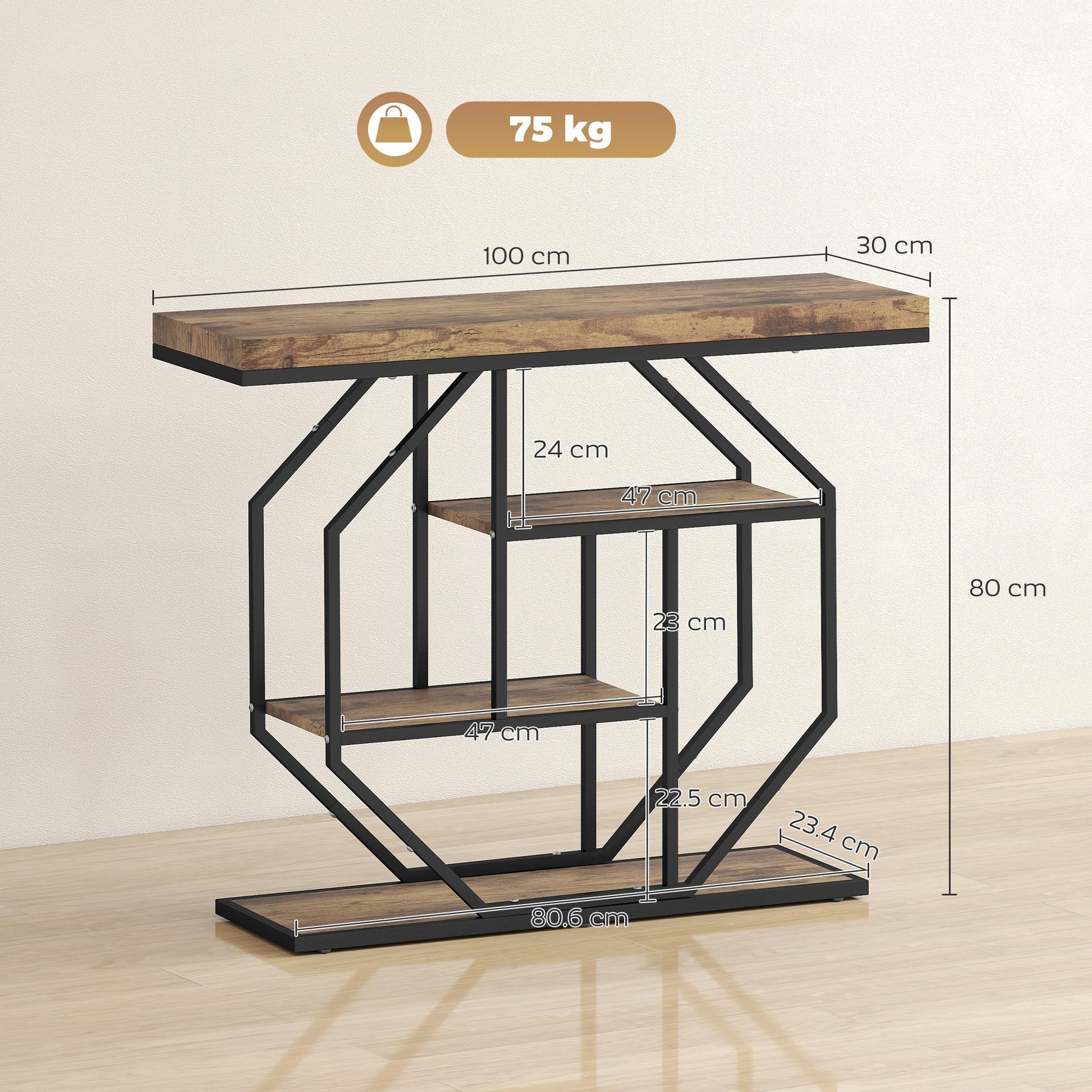 4-Tier Industrial Console Table - Rustic Brown