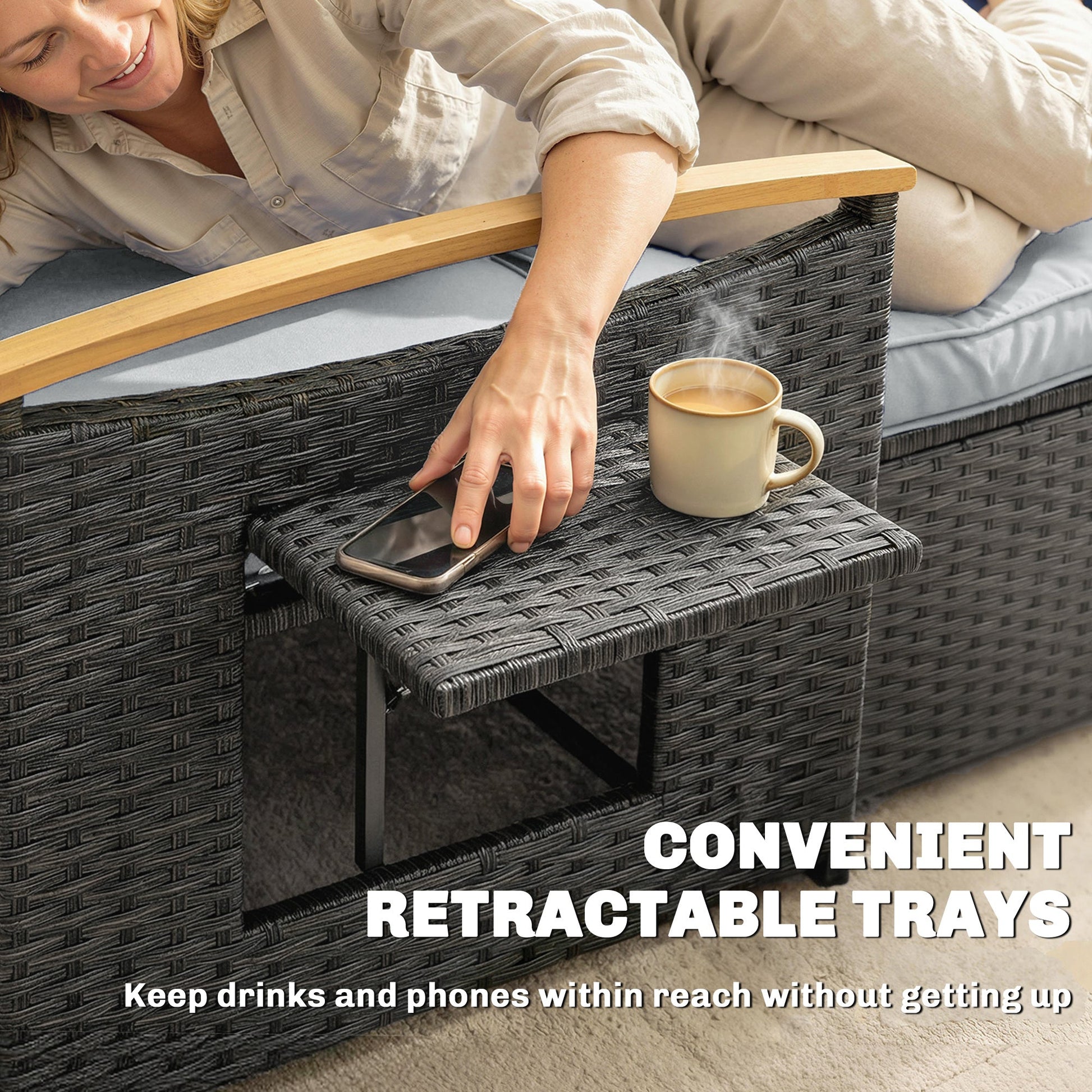 Double Garden Rattan Daybed, Wicker Sun Bed Chaise Lounger with Storage Ottoman, 4-Level Adjustable Backrest, Dark Grey