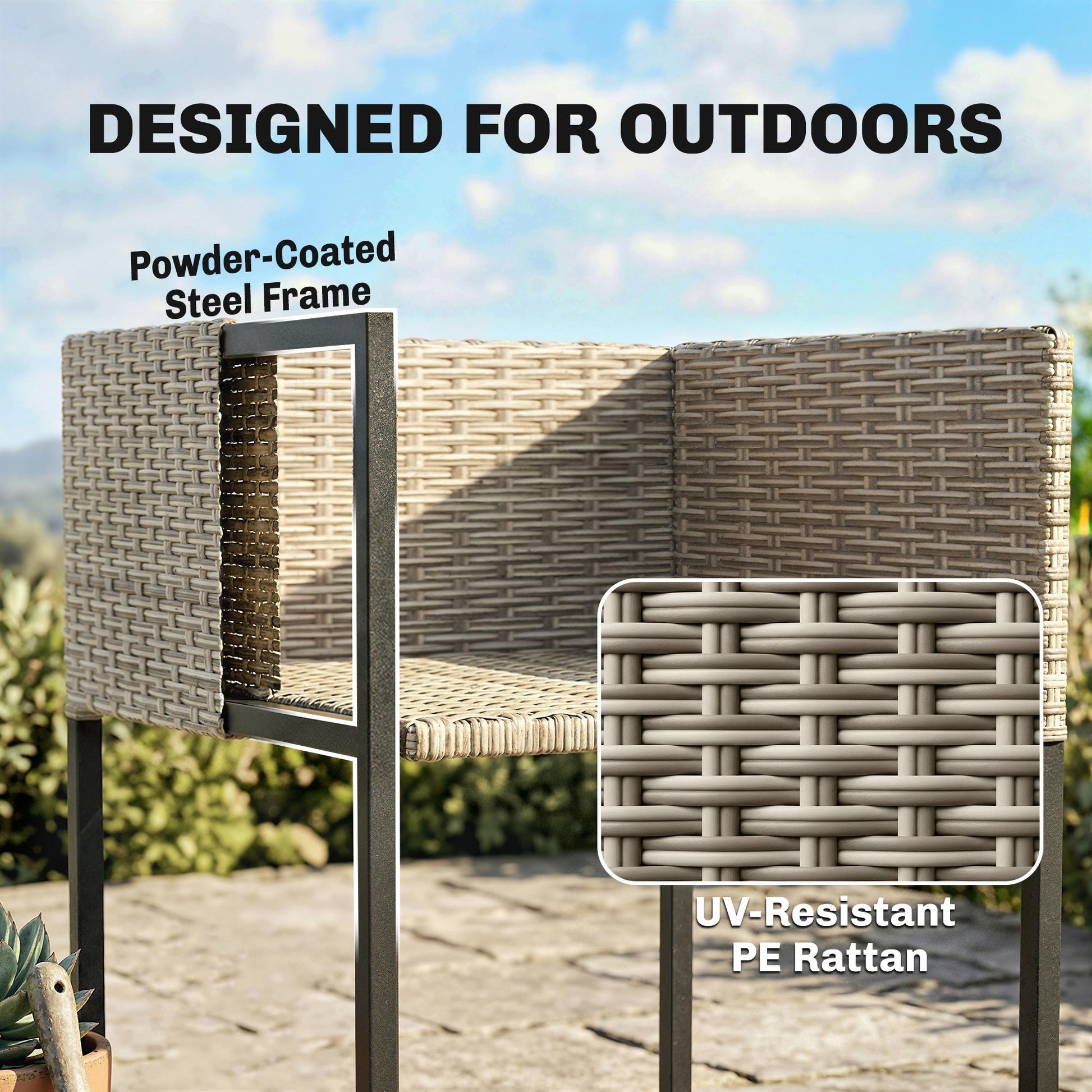 7 Piece Rattan Garden Furniture Set, Garden Dining Set with Wood-Plastic Table and 6 Stackable Chairs, Light Grey