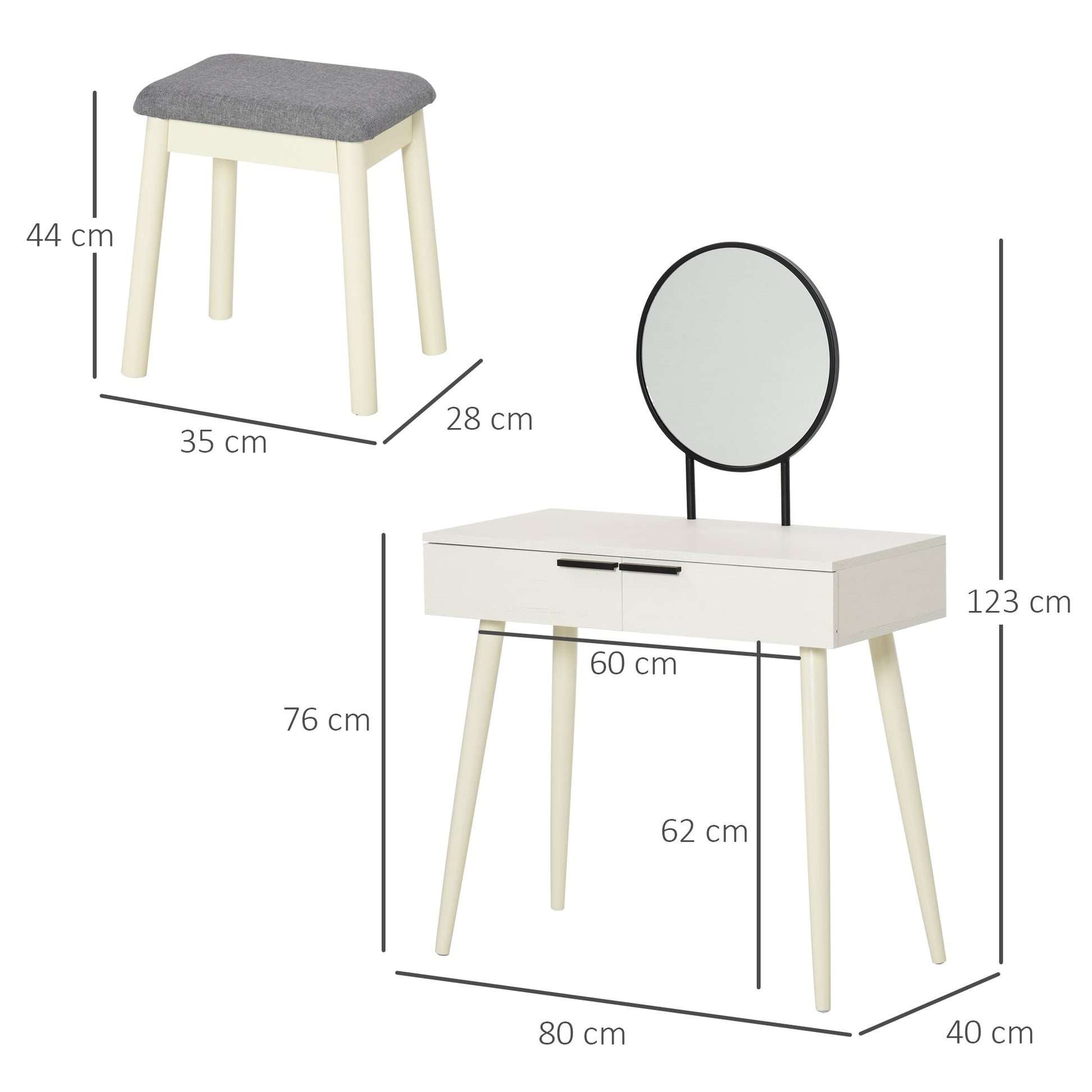 Dressing Table with Mirror and Stool, Vanity Makeup Desk Set with 2 Drawers, Cushioned Stool and Make-up Organizer for Bedroom and Dressing Room, White