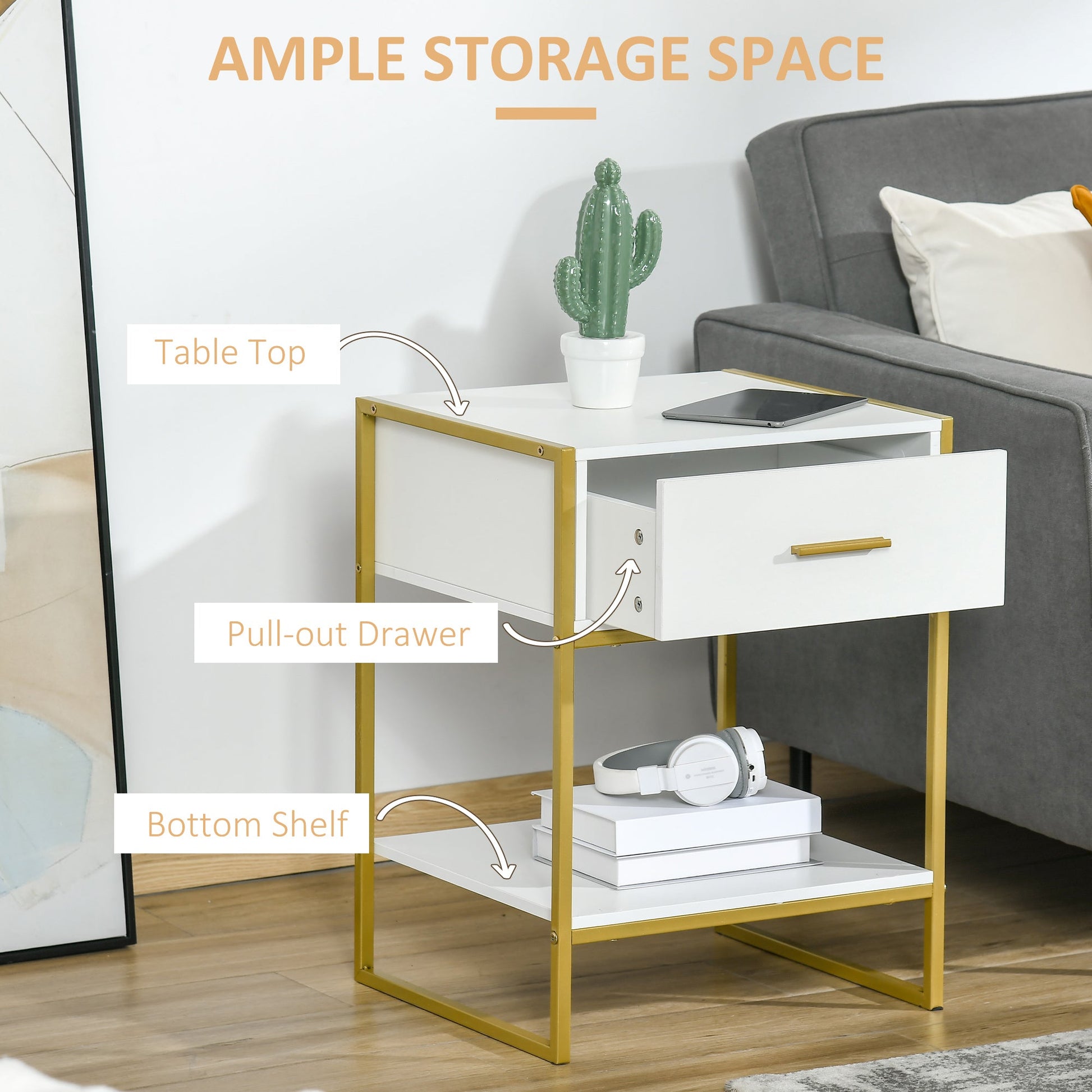 Bedside Table, Modern Side Table with Drawer and Shelf, Nightstand for Bedroom, White