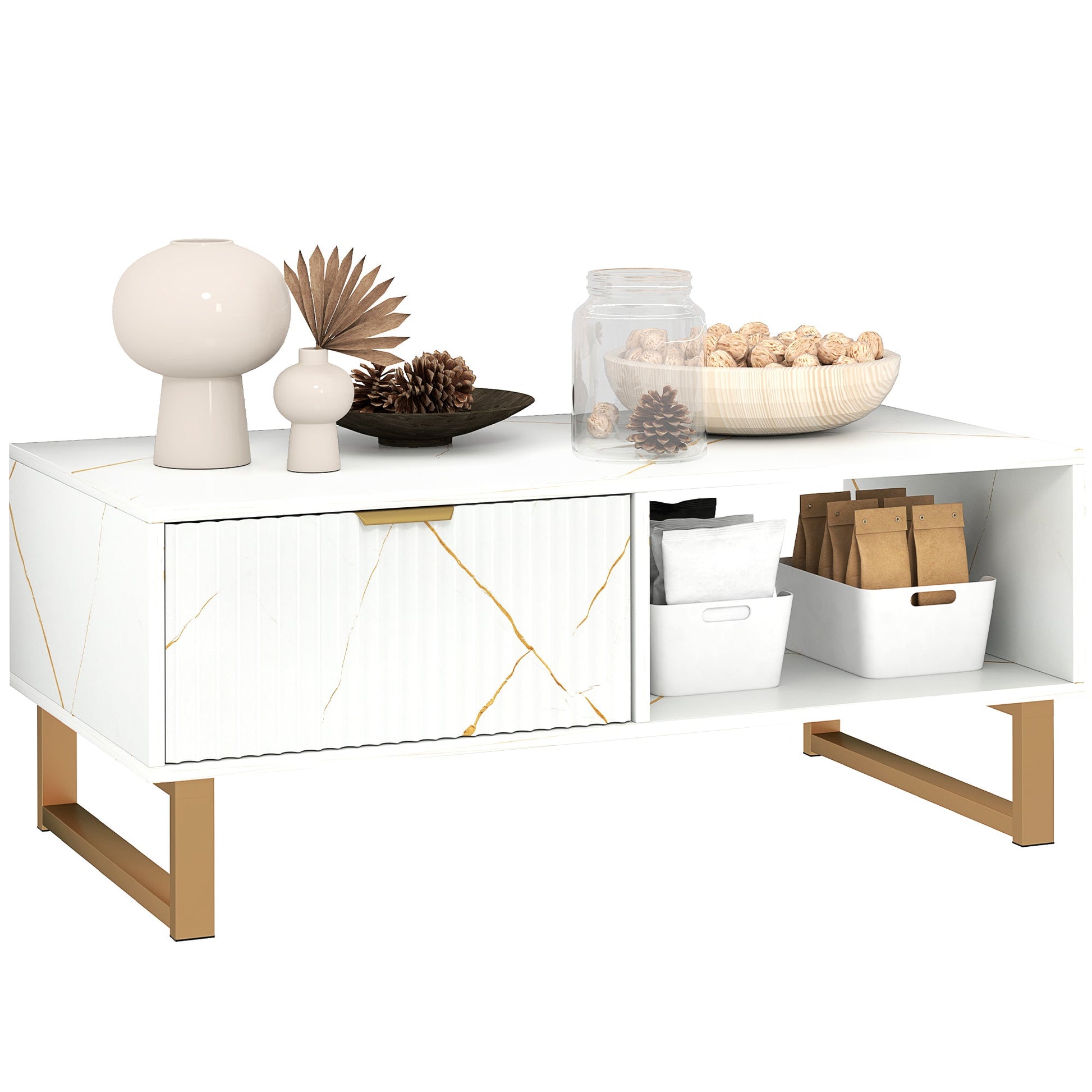 Elegant Marble Effect Storage Coffee Table - White