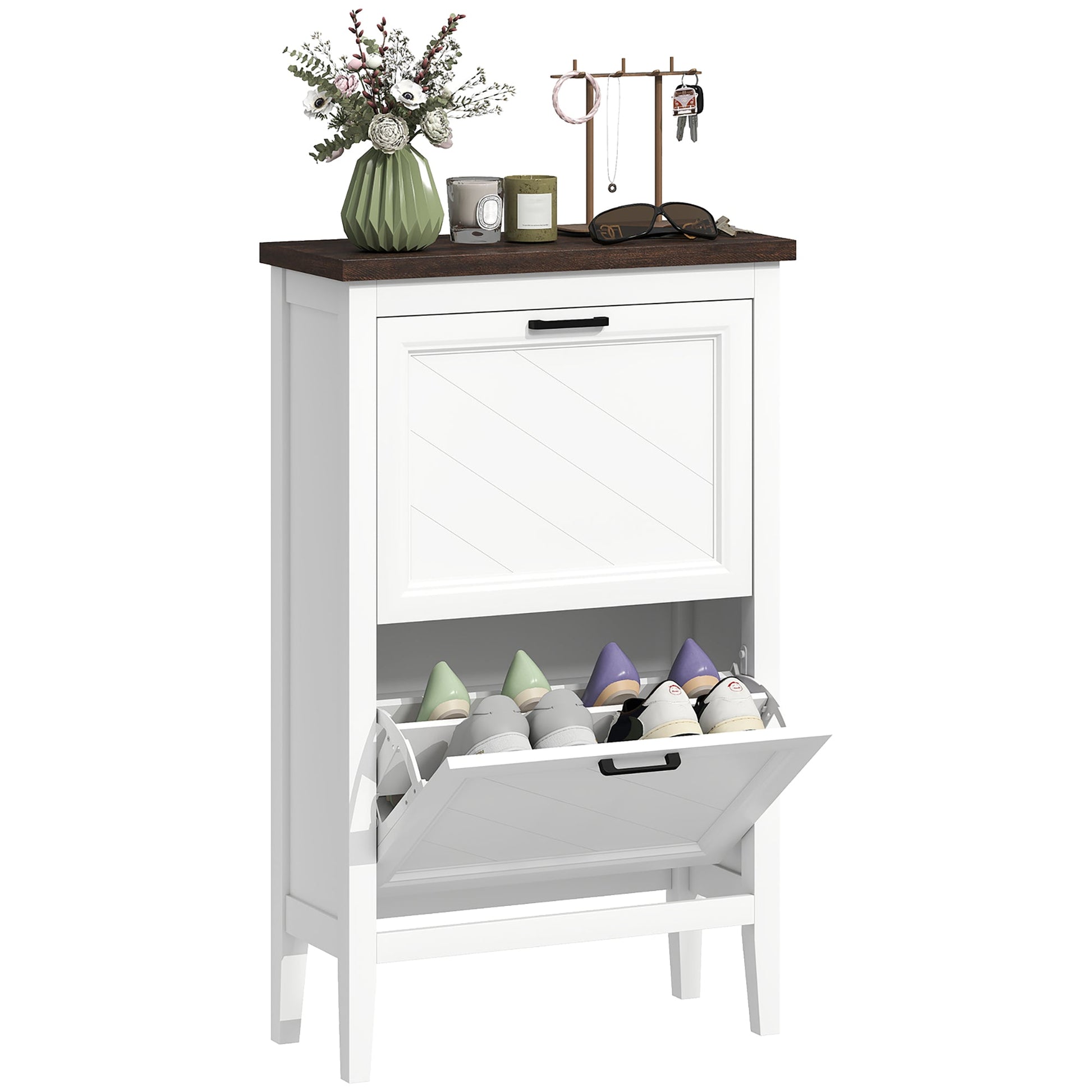 Shoe Cabinet with 2 Flip Drawers, Farmhouse Narrow Shoe Storage Cabinet with Adjustable Shelves, White