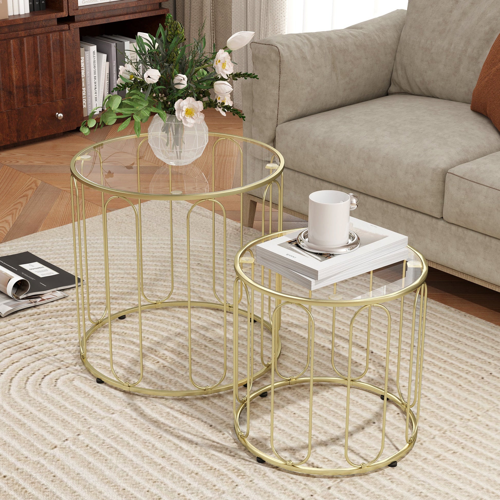 Round Coffee Table Set of 2, Glass Nest of Tables with Metal Frame and Tempered Glass Tabletop, Modern Side Tables for Living Room, Gold Tone