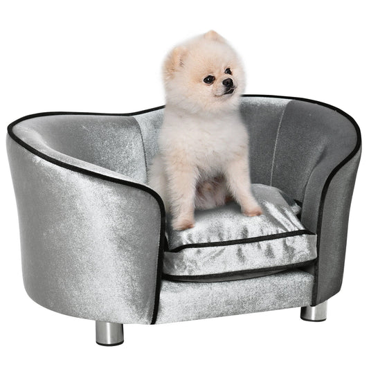 Dog Sofa Pet Chair, Kitten Bed Couch w/ Wooden Frame, Removable Cushion - Silver-Tone and Grey