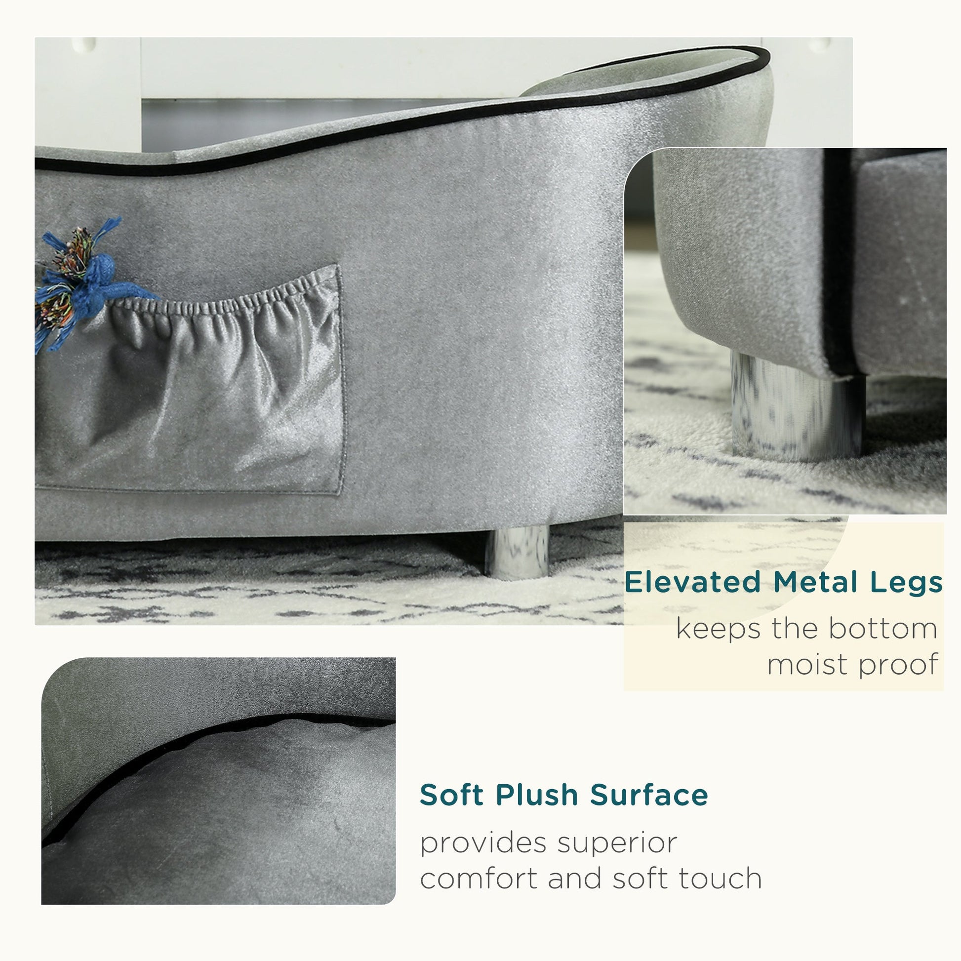 Dog Sofa Pet Chair, Kitten Bed Couch w/ Wooden Frame, Removable Cushion - Silver-Tone and Grey