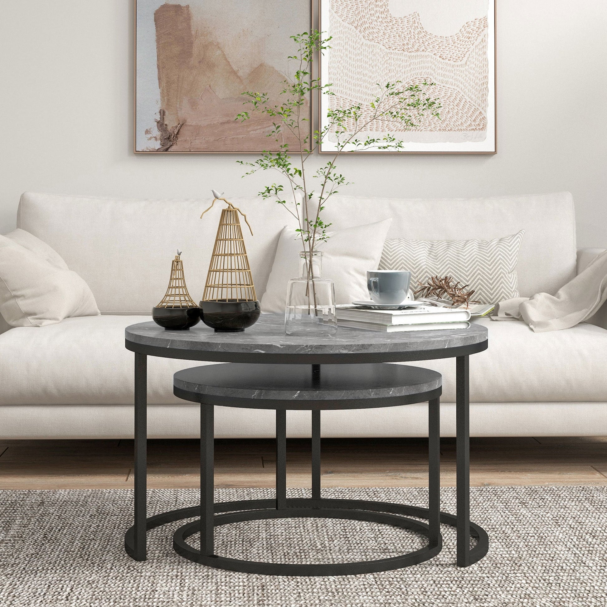 Industrial Nesting Coffee Table Set of 2, Round Coffee Tables, Living Room Table with Faux Marbled Top and Steel Frame