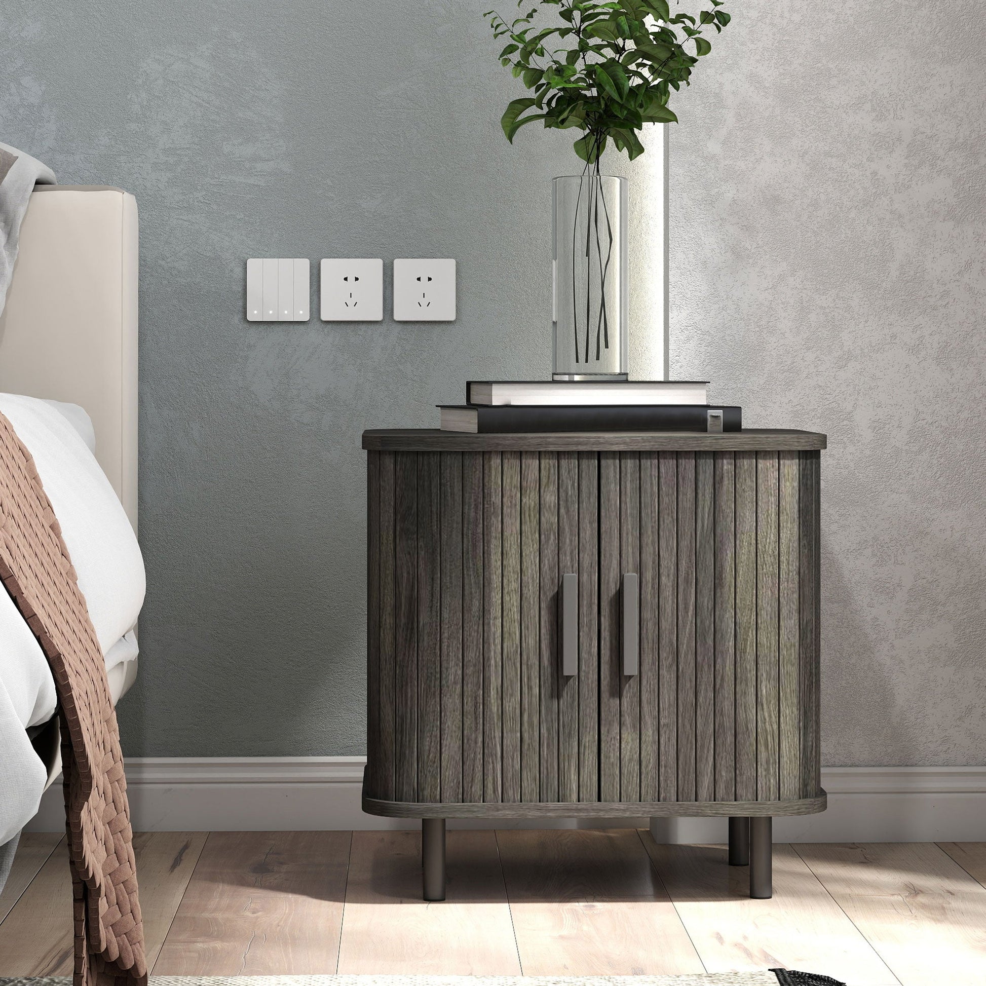 Bedside Table, Nordic Side Table with Roller Shutter Style Sliding Doors and Metal Legs for Bedroom, Living Room, Grey