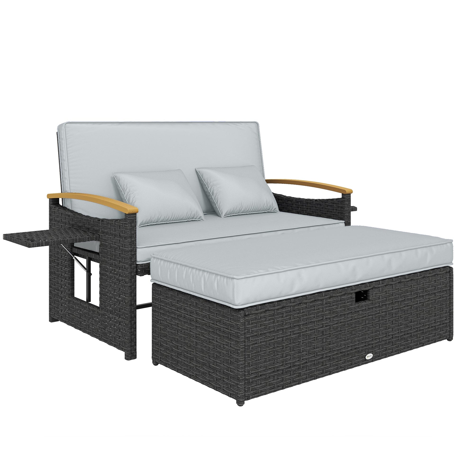 Double Garden Rattan Daybed, Wicker Sun Bed Chaise Lounger with Storage Ottoman, 4-Level Adjustable Backrest, Dark Grey