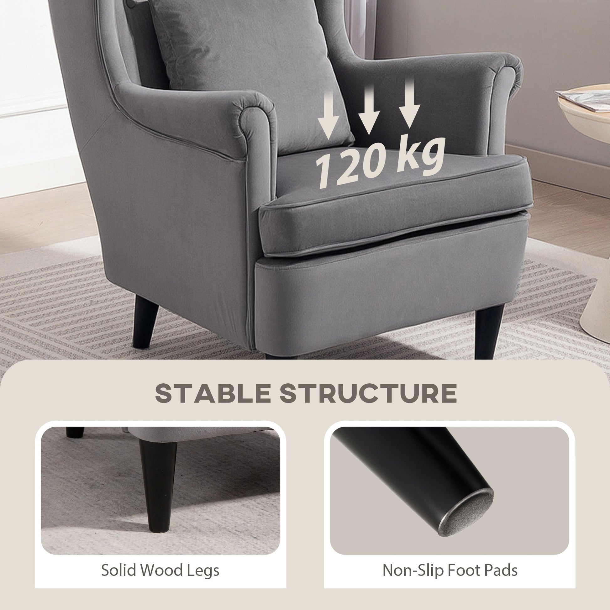Modern Accent Chair, Upholstered Wingback Armchair with High Backrest and Pillow, Velvet-Feel Fabric Reading Chair with Solid Wood Legs for Living Room, Bedroom, Home Office, Dark Grey